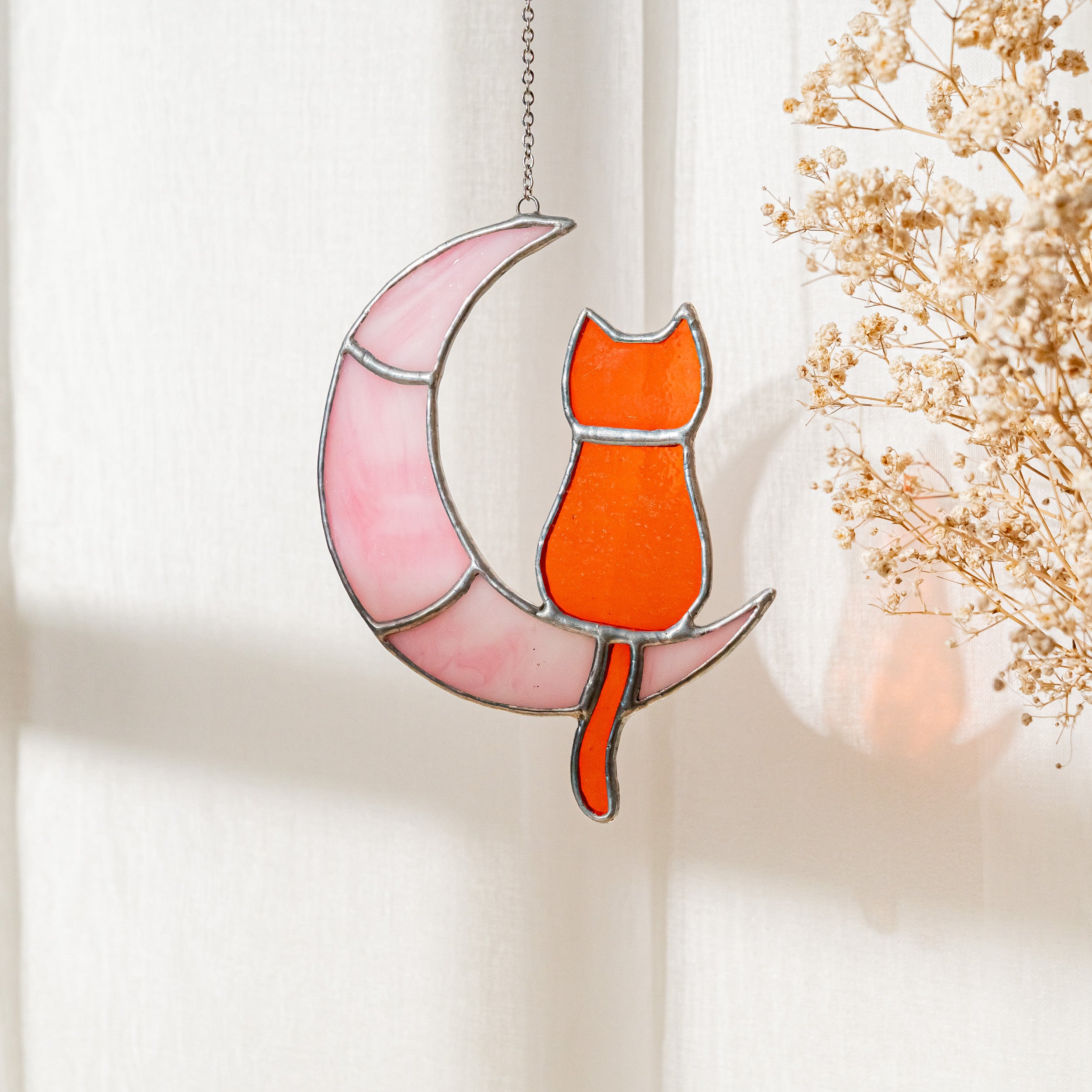 Stained Glass Cat on Crescent Moon For Artistic Wall Decor