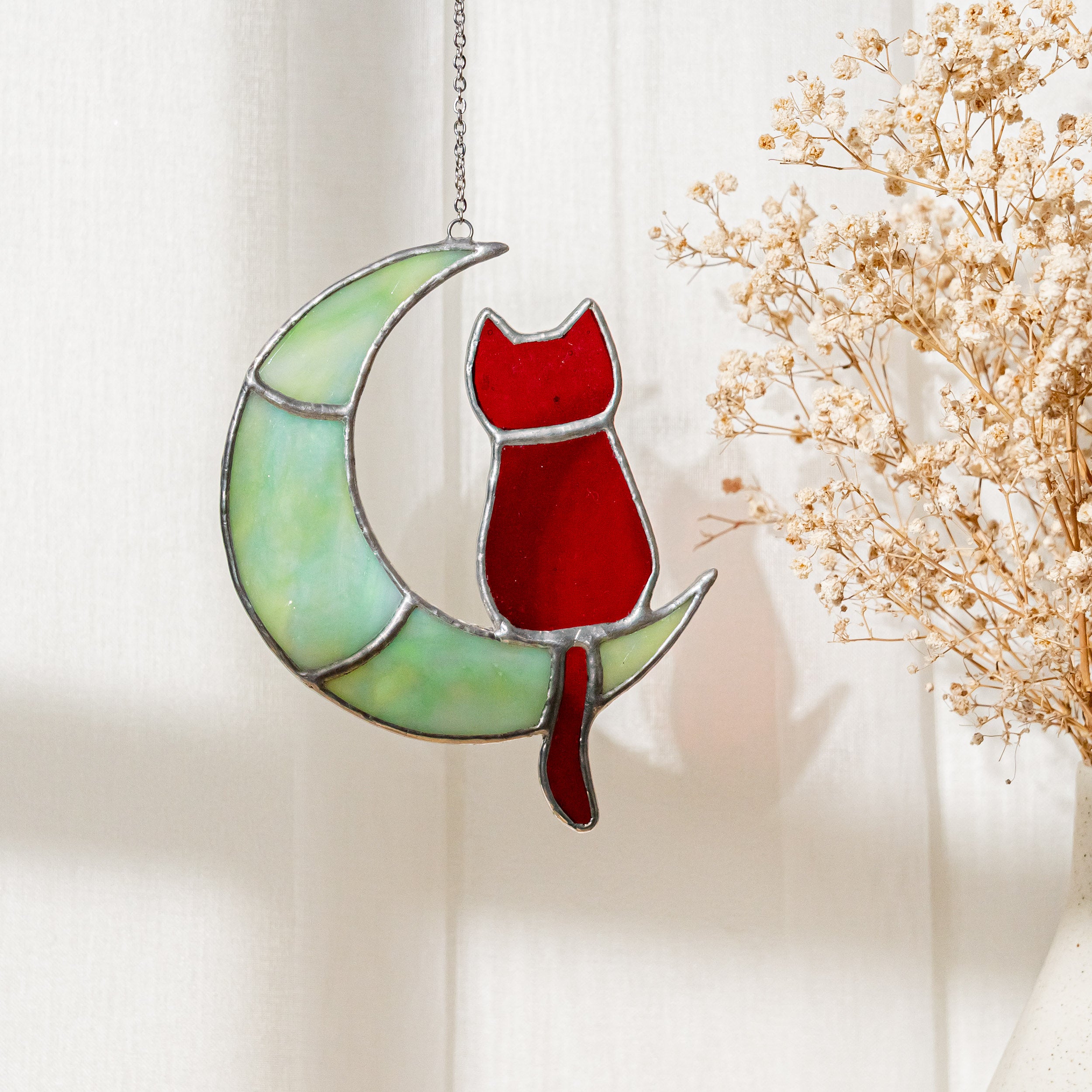 Stained Glass Cat on Crescent Moon For Unique Wall Art Decor