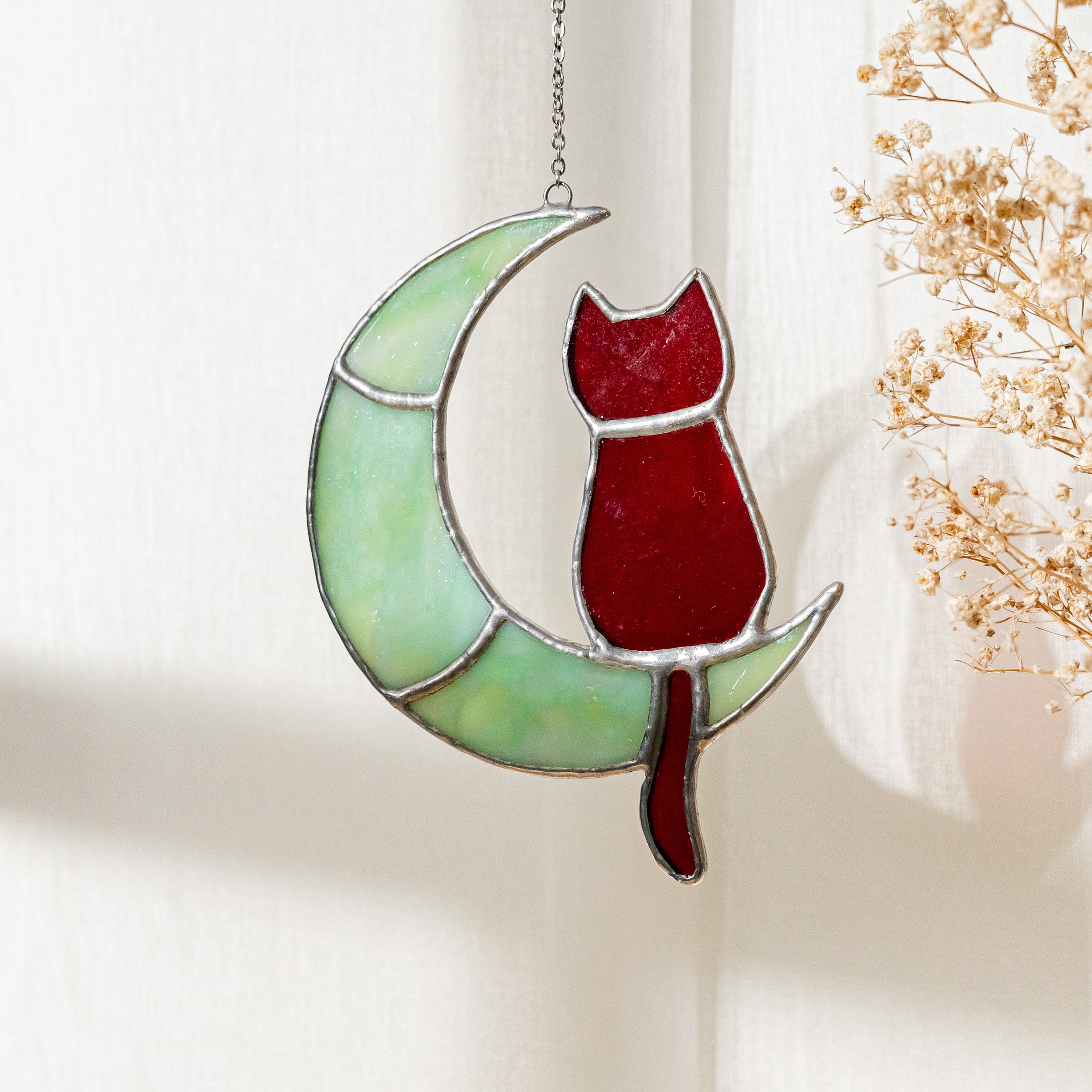 Stained Glass Cat on Crescent Moon For Artistic Wall Decor