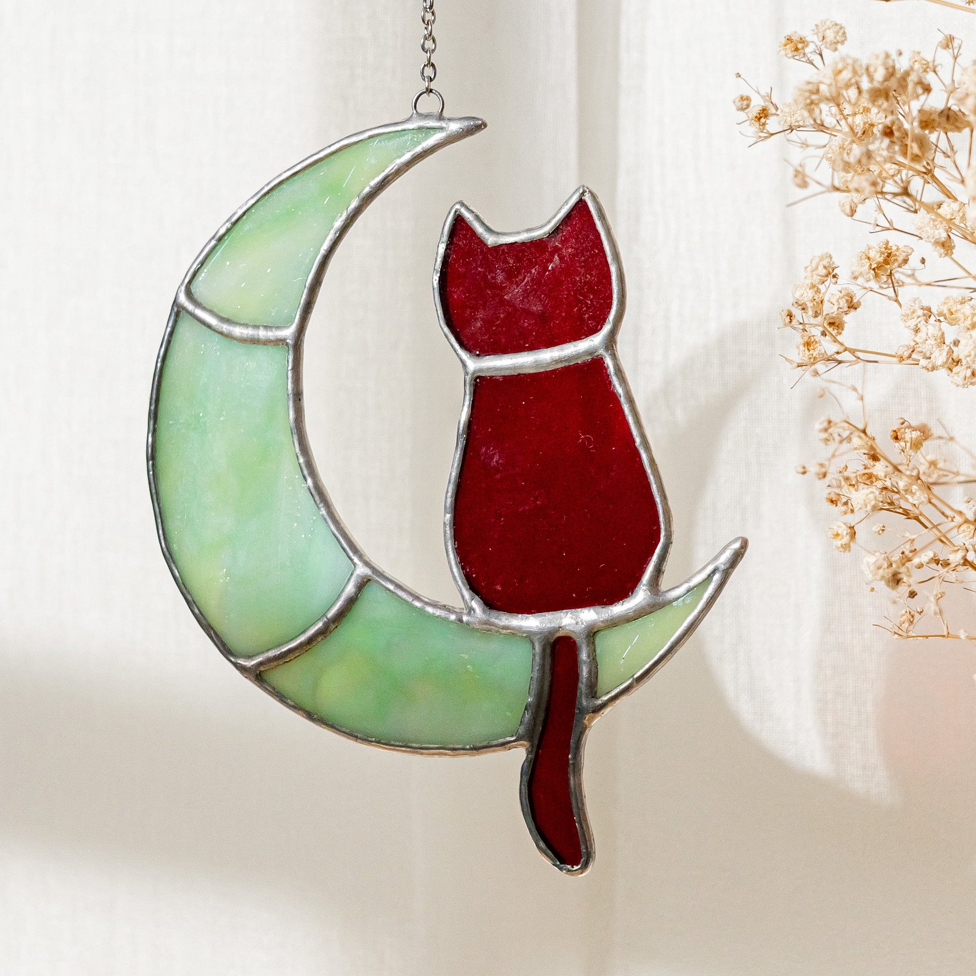 Stained Glass Cat on Crescent Moon decor and Window Stained Glass F13
