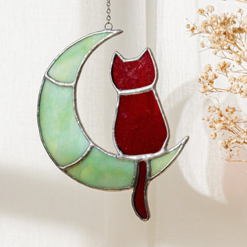 Stained Glass Cat on Crescent Moon decor for Stained Glass Arts F13