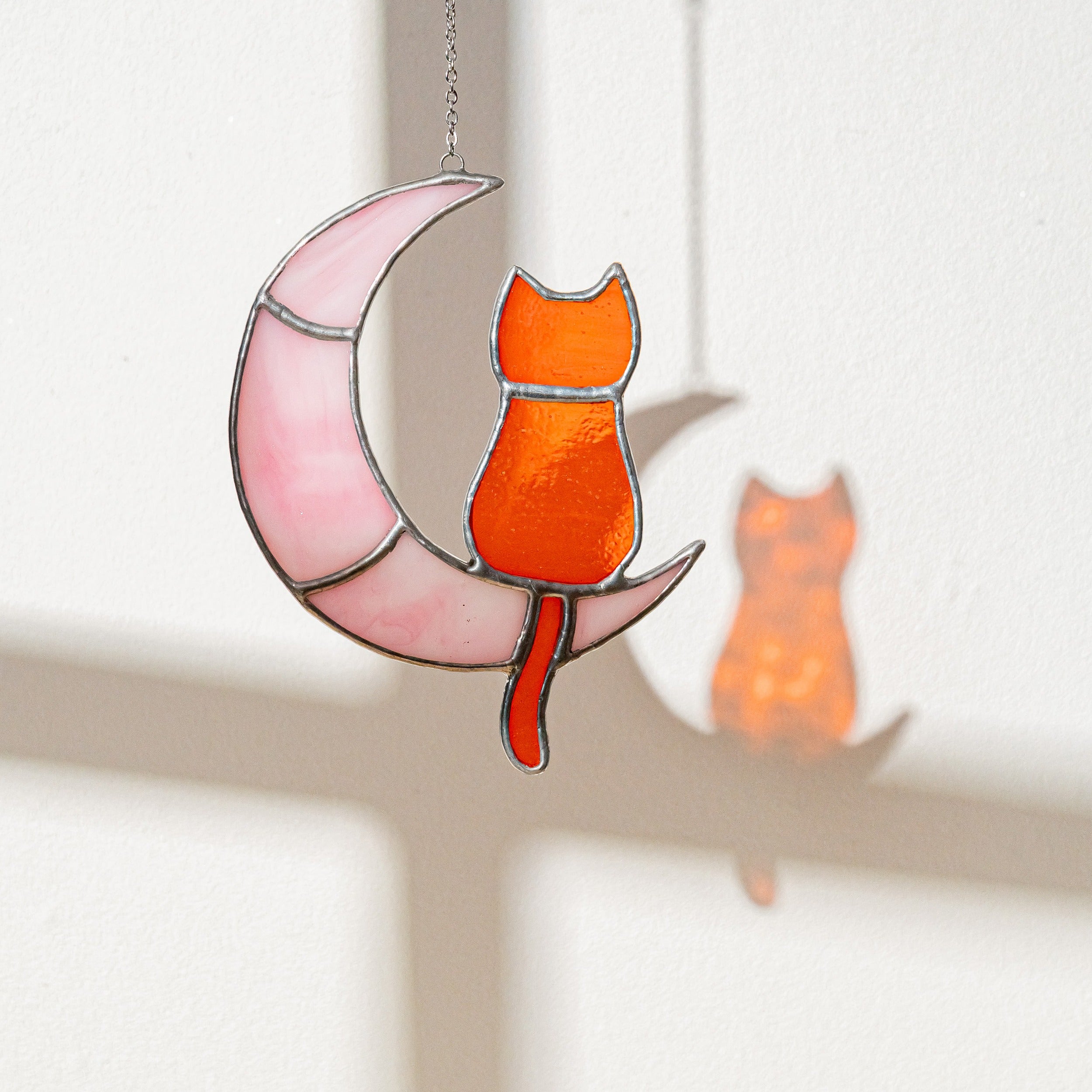 Stained Glass Cat on Crescent Moon For Artistic Wall Decor