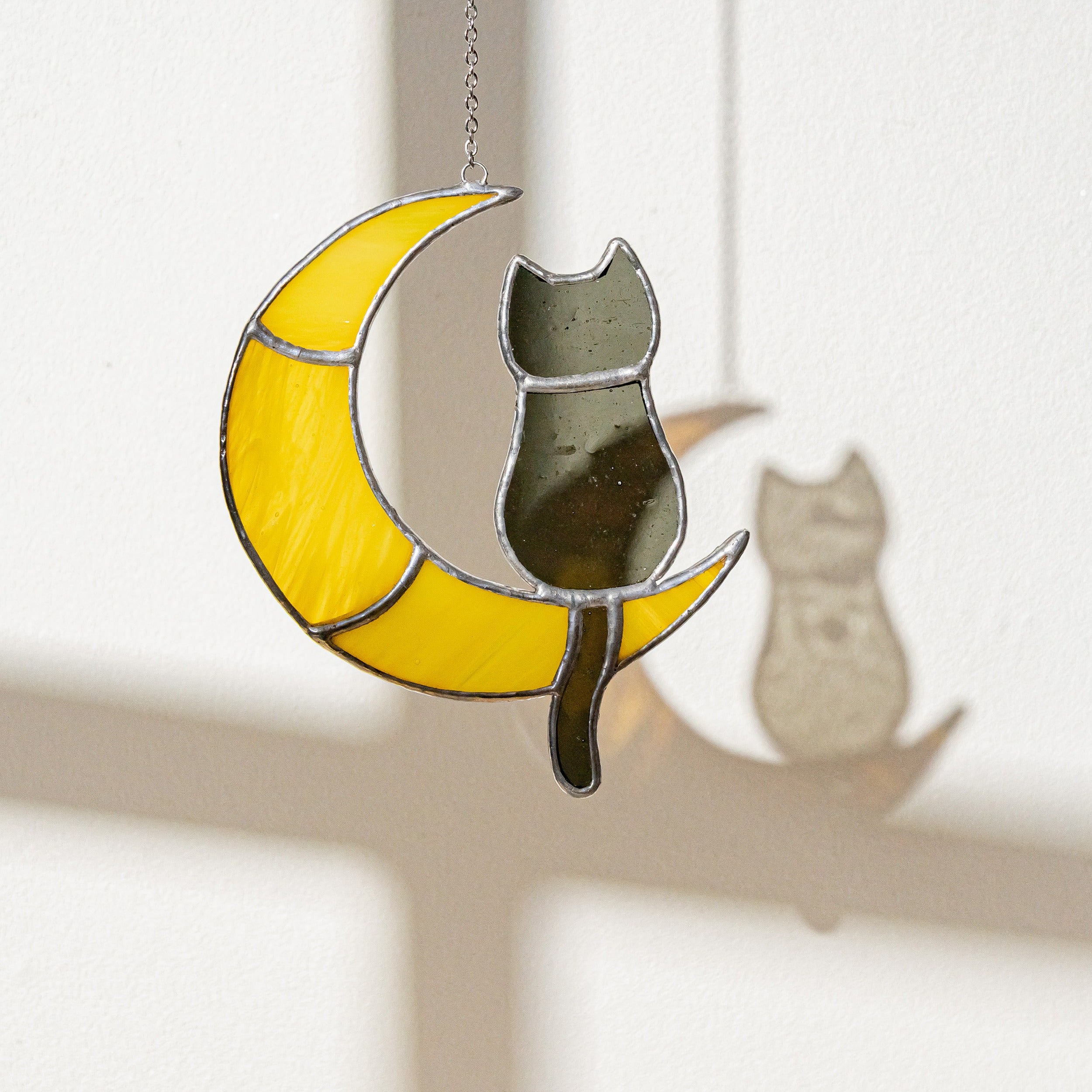 Stained Glass Cat on Crescent Moon For Artistic Wall Decor