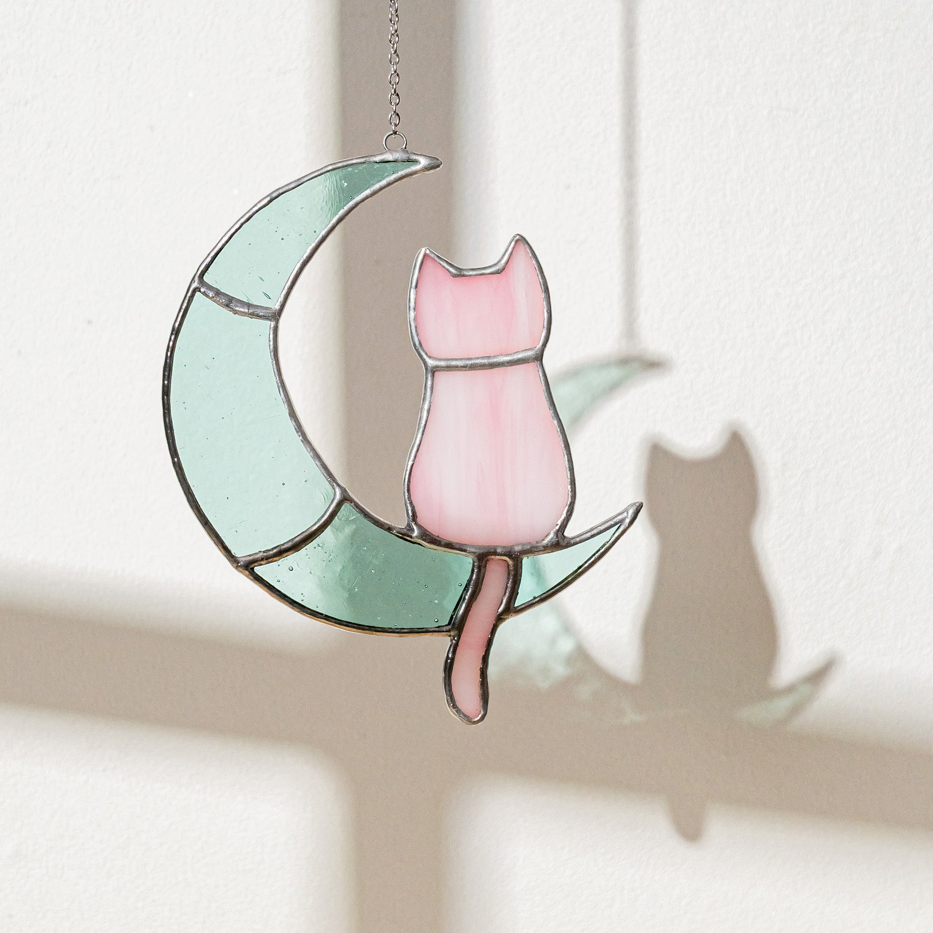 Stained Glass Cat on Crescent Moon For Artistic Wall Decor