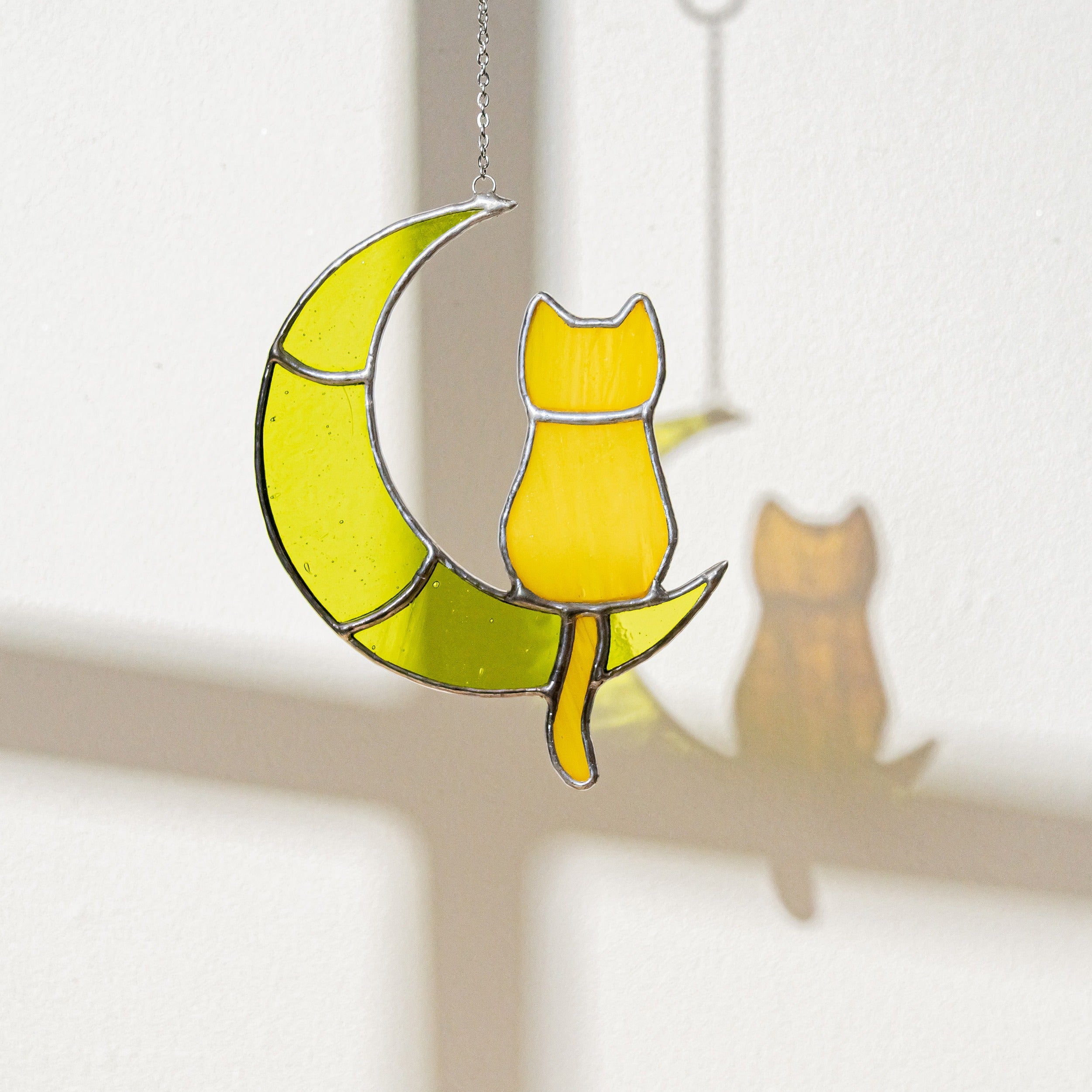 Stained Glass Cat on Crescent Moon For Unique Wall Art Decor