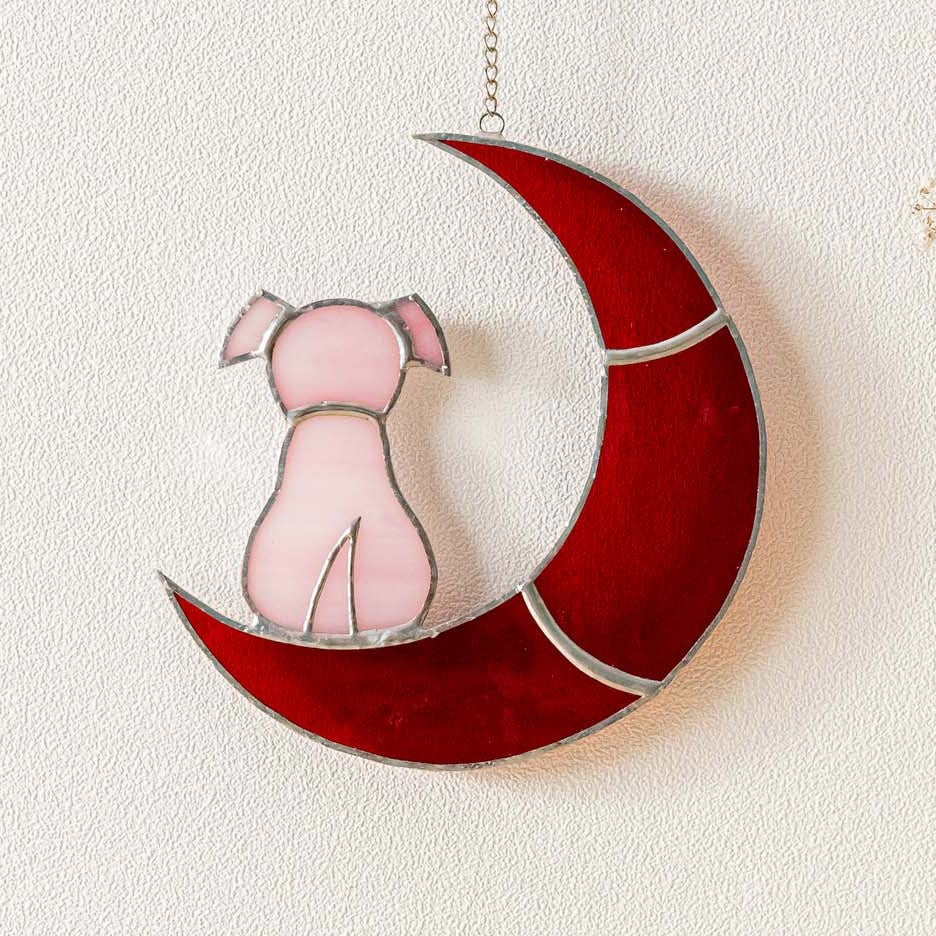 Stained Glass Dog on Crescent Moon Suncatcher decor and Dog Christmas F21