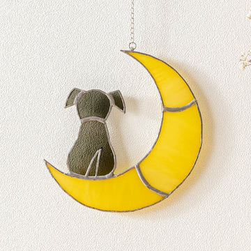 Stained Glass Dog on Crescent Moon Suncatcher glass and Dog Wall Art F21