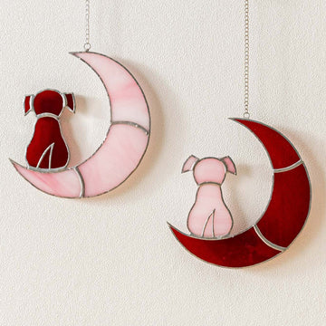 Stained Glass Dog on Crescent Moon Suncatcher decor and Pet Memorial F21