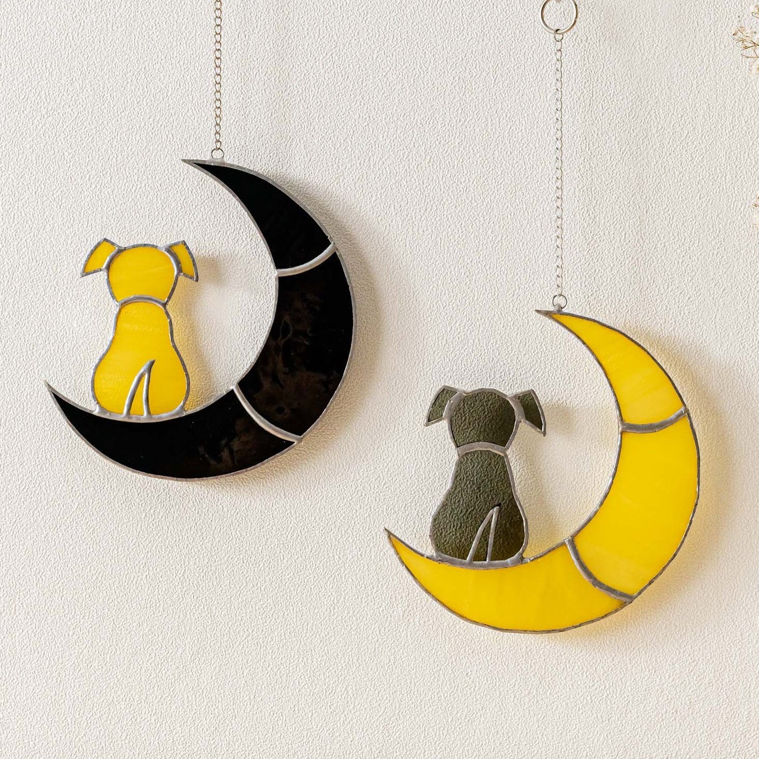 Stained Glass Dog on Crescent Moon Suncatcher glass for Custom Pet F21