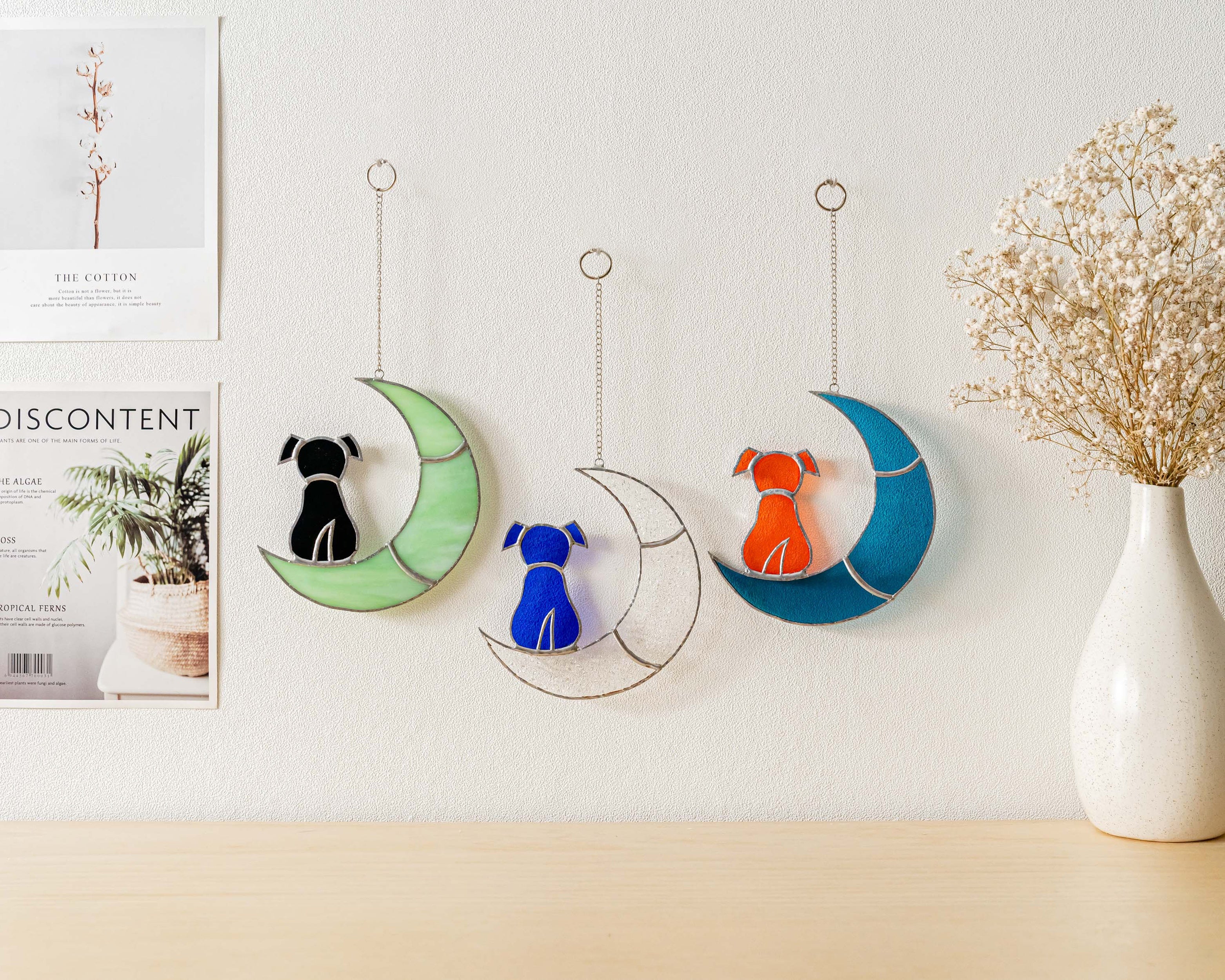 Stained Glass Dog on Crescent Moon Suncatcher glass for Custom Pet F21
