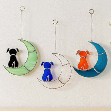Stained Glass Dog on Crescent Moon Suncatcher for Dog Ornaments F21