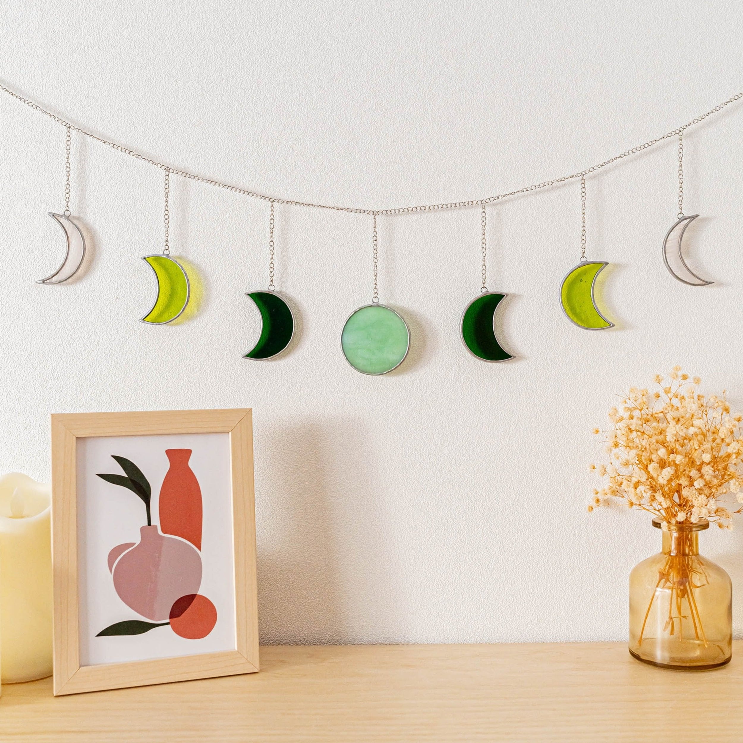 Moon Phase Stained Glass Garland for Boho Inspired Wall Art