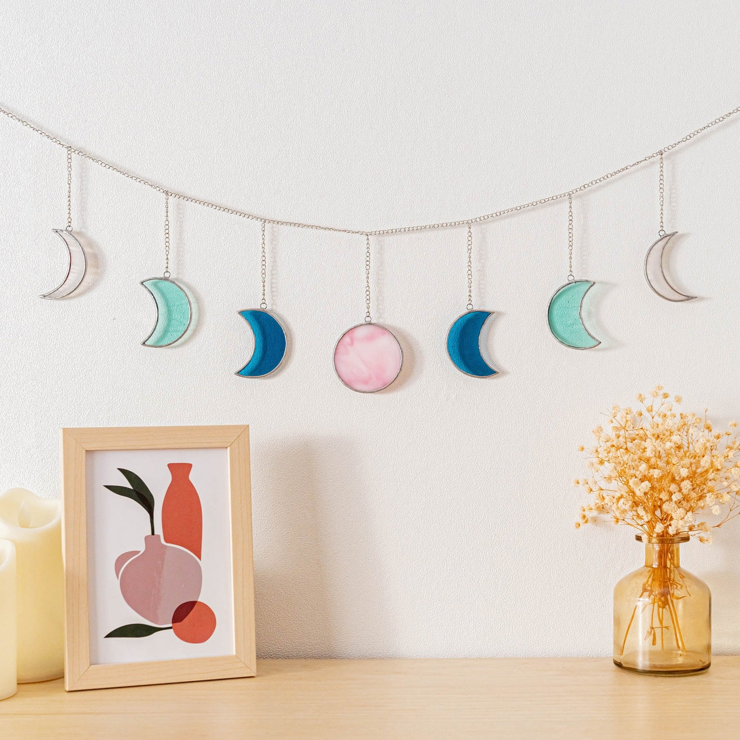 Boho Moon Phase Stained Glass Garland for Wall Decor