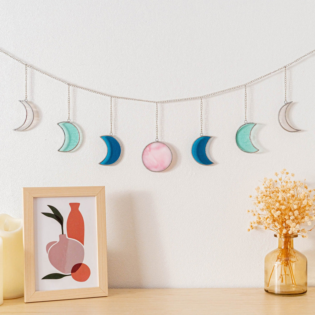 Stained Glass Moon Phase Garland, Moon phase wall hanging F59