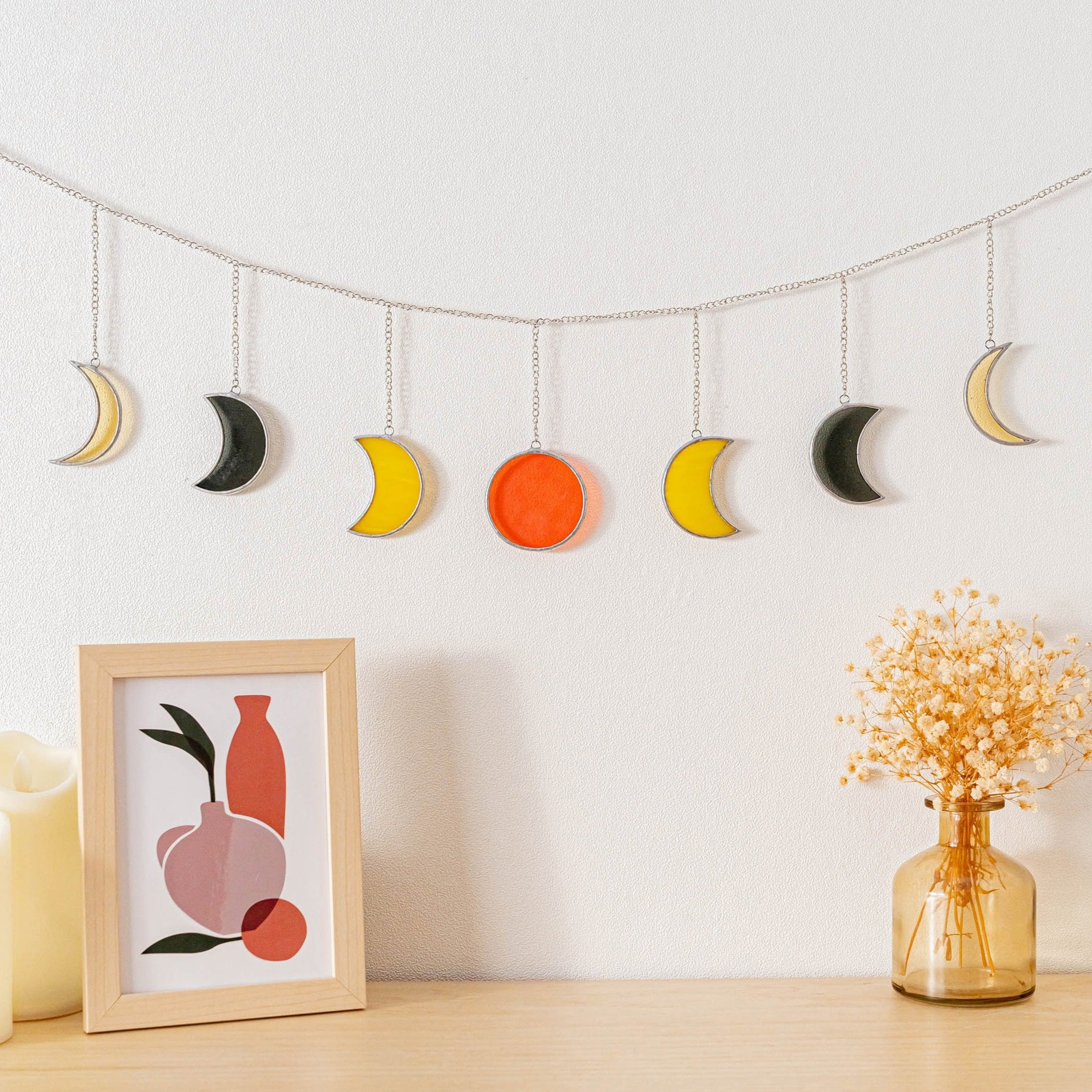 Boho Stained Glass Moon Phase Garland for Wall Decor