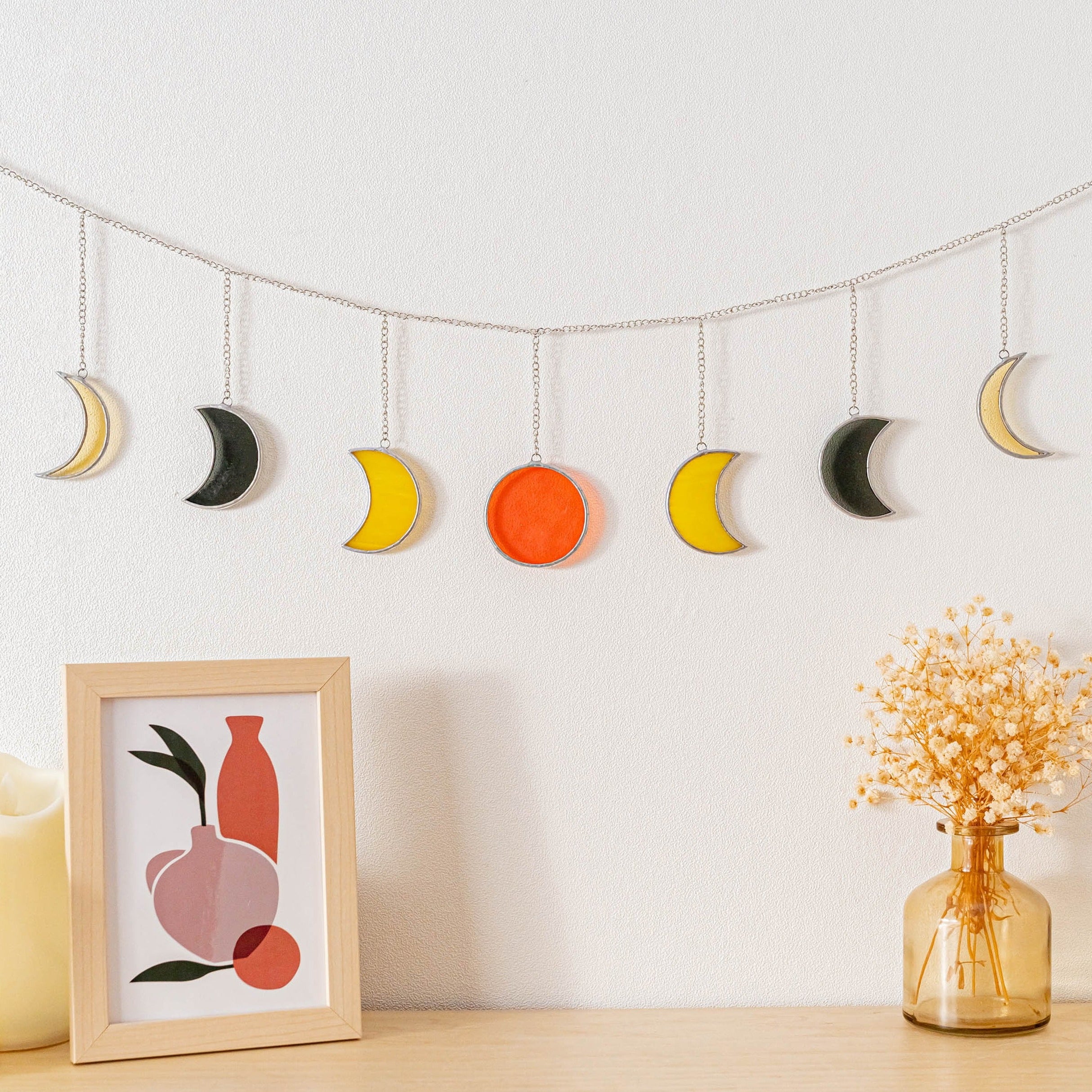 Stained Glass Moon Phase Garland, Moon phase wall hanging F59