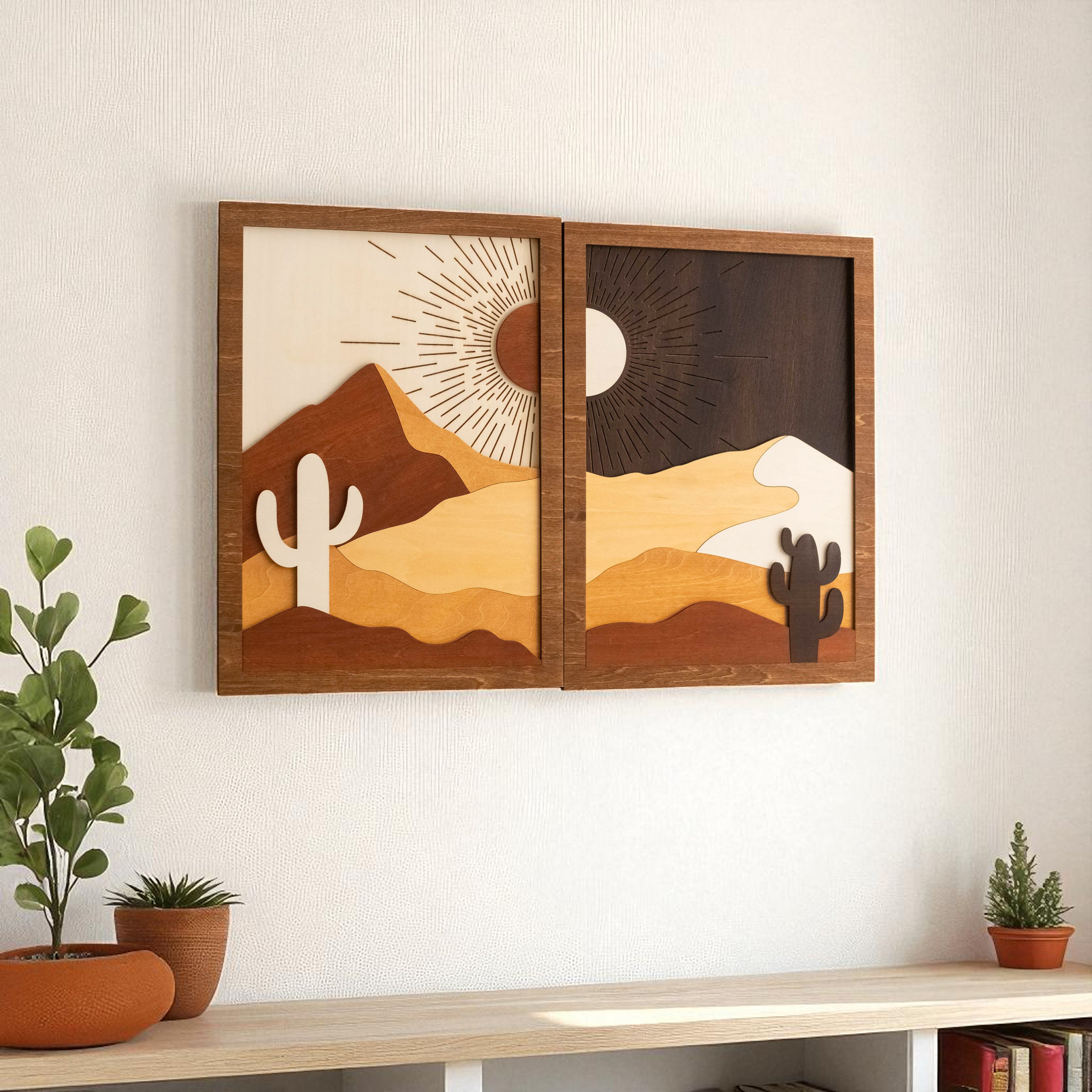 Desert Cactus Wood Art, Big Wood Wall Art and Wood Frame Artwork R07
