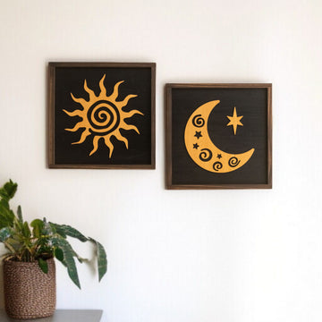 Wooden Sun And Moon Wall Art Wood Decor for Boho Style Y54
