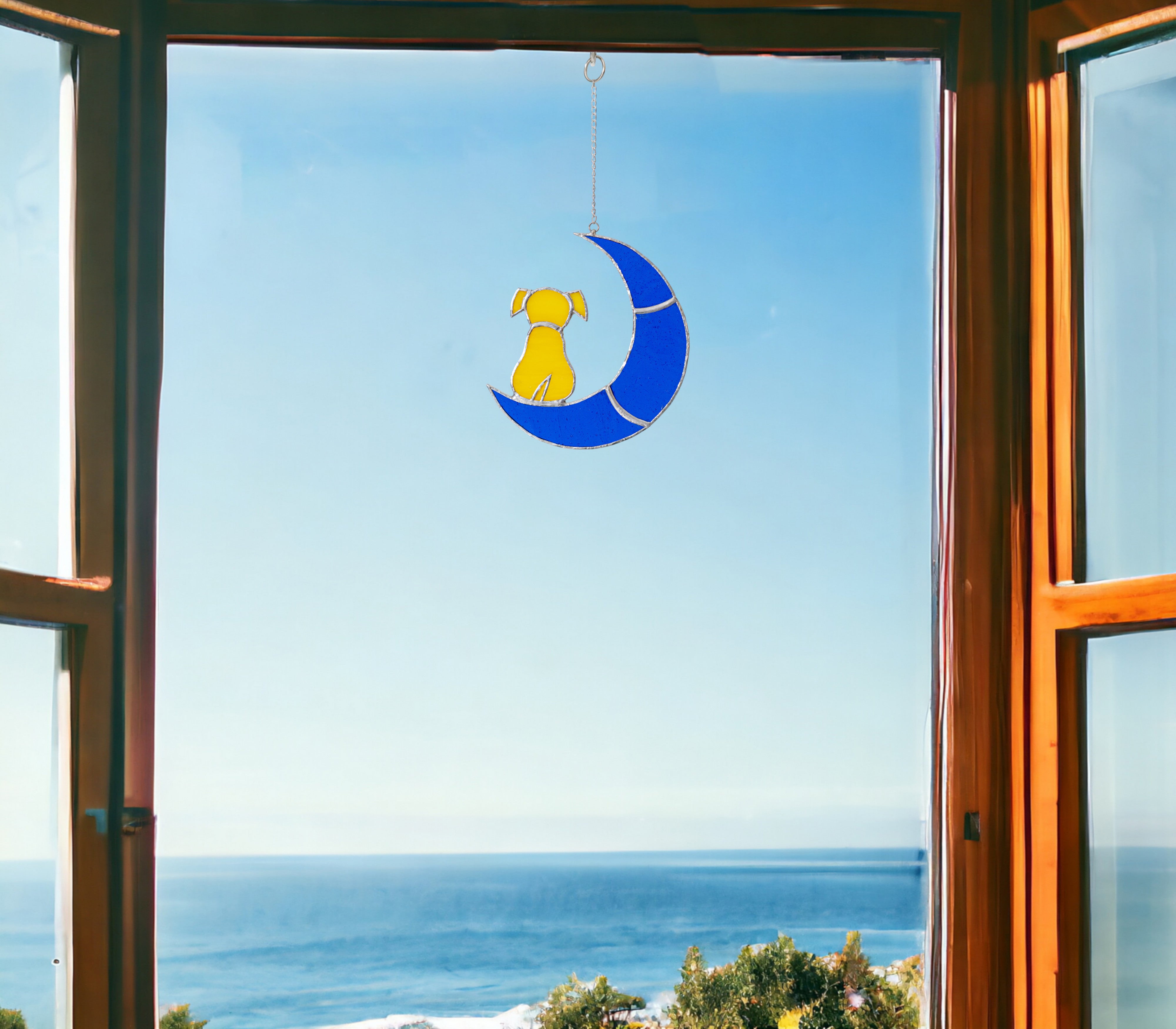 Stained Glass Dog on Crescent Moon Suncatcher Whimsical Window Decor for Dog Lovers