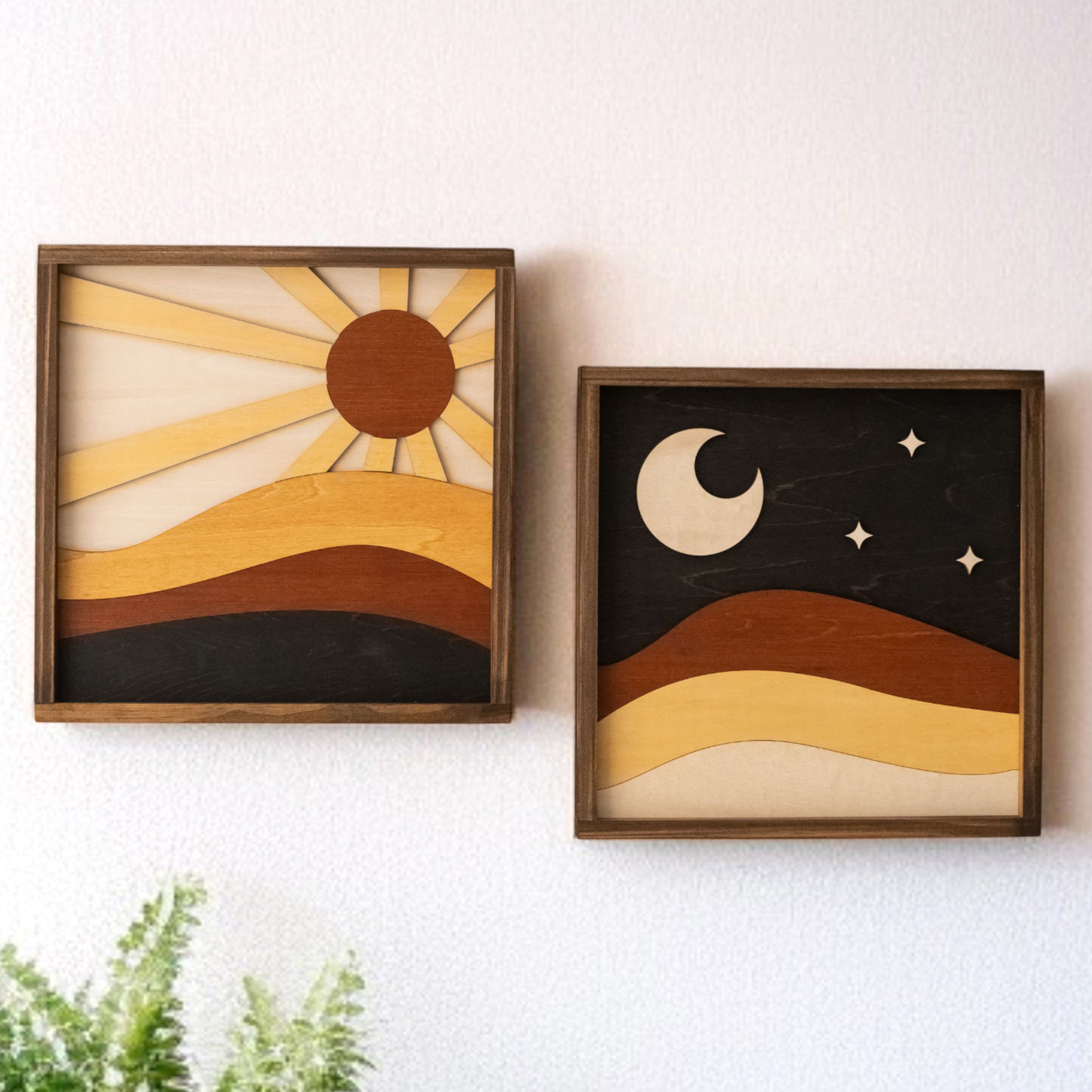 Arte de pared de madera con sol y luna para una decoración de pared de inspiración celestial 