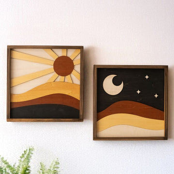 Wooden Sun And Moon Wall Art Wood Decor for Modern Interiors Y56