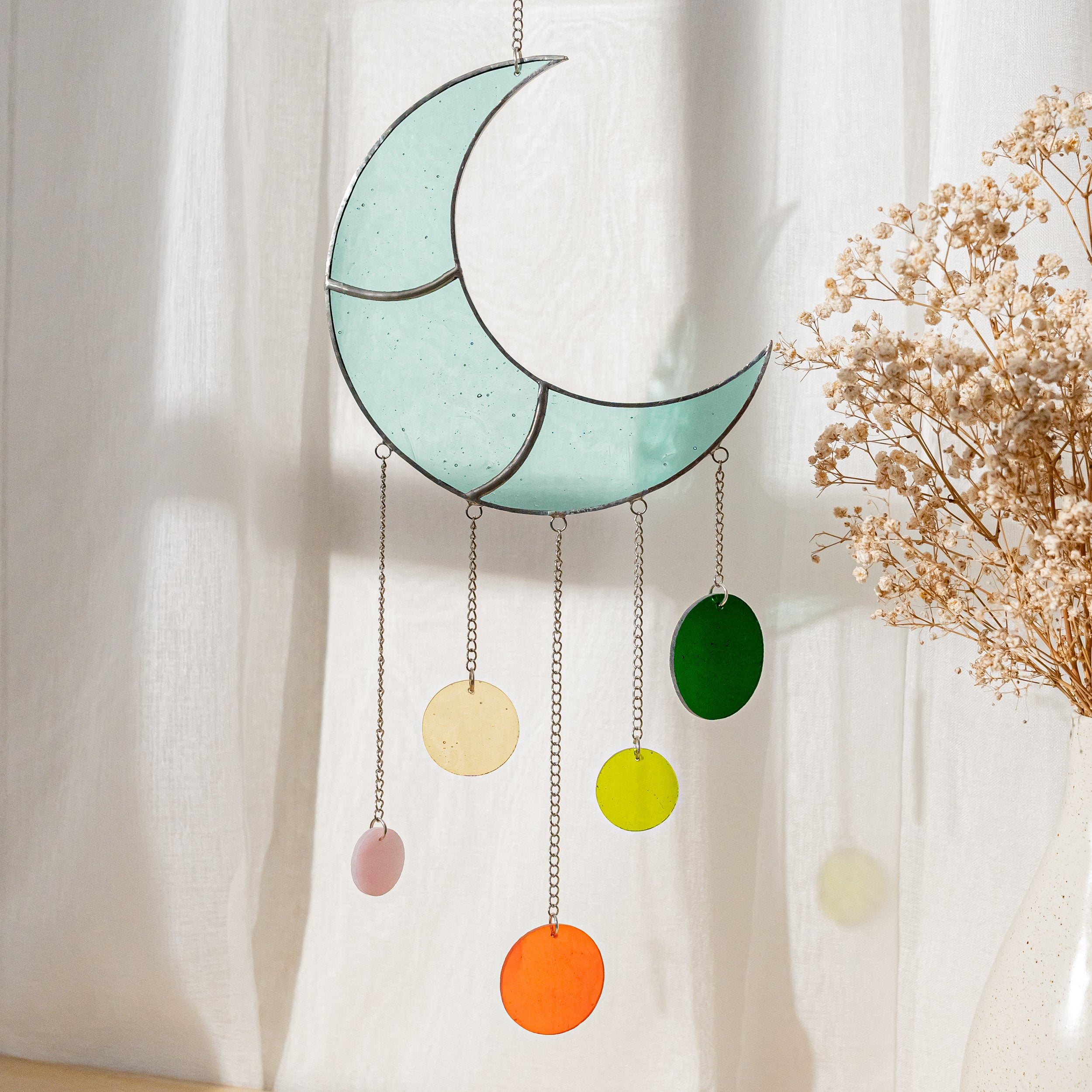 Moon Phase Stained Glass Wind Chimes for Elegant Home Decor