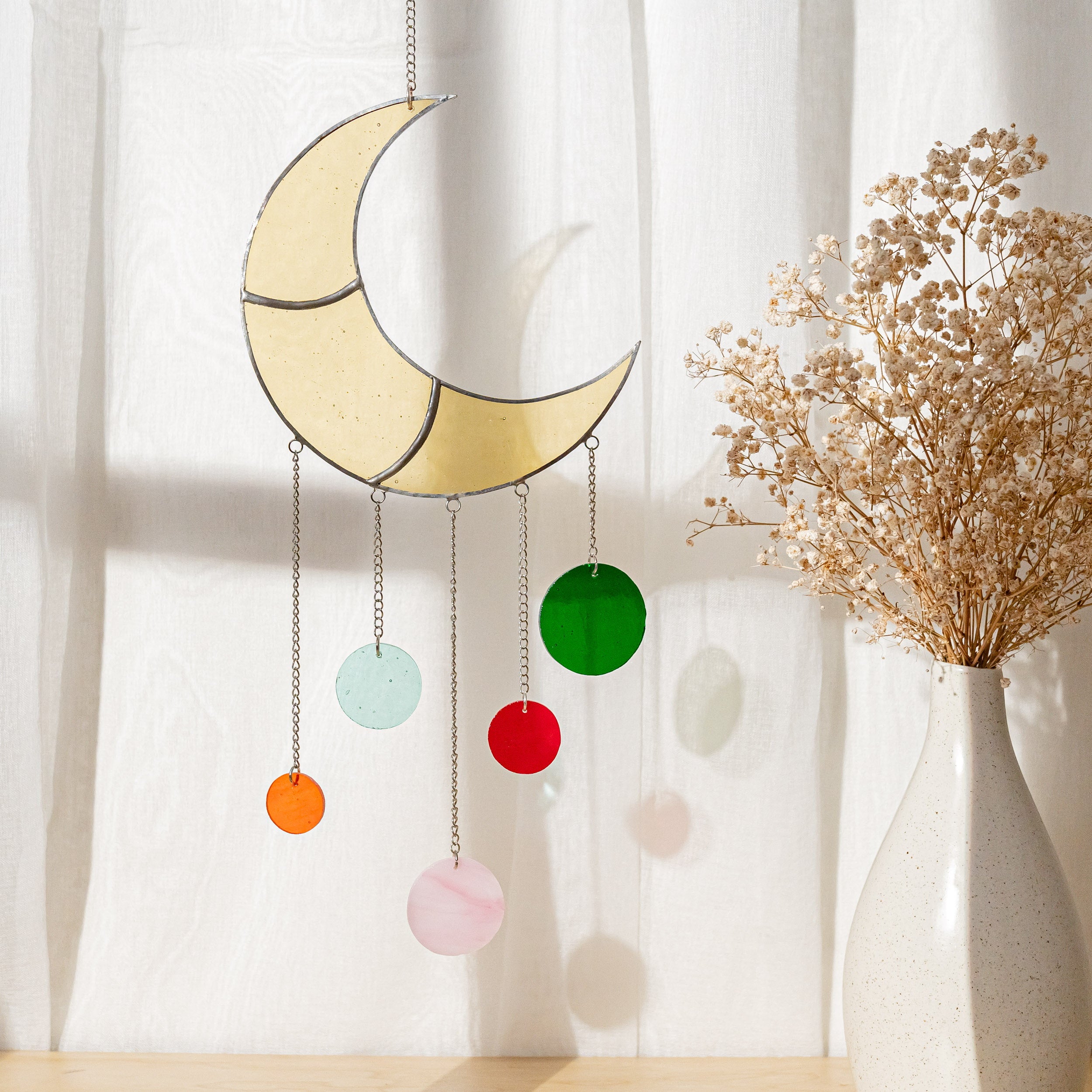 Moon Phase Stained Glass Wind Chimes Suncatcher for Chic Home Accents