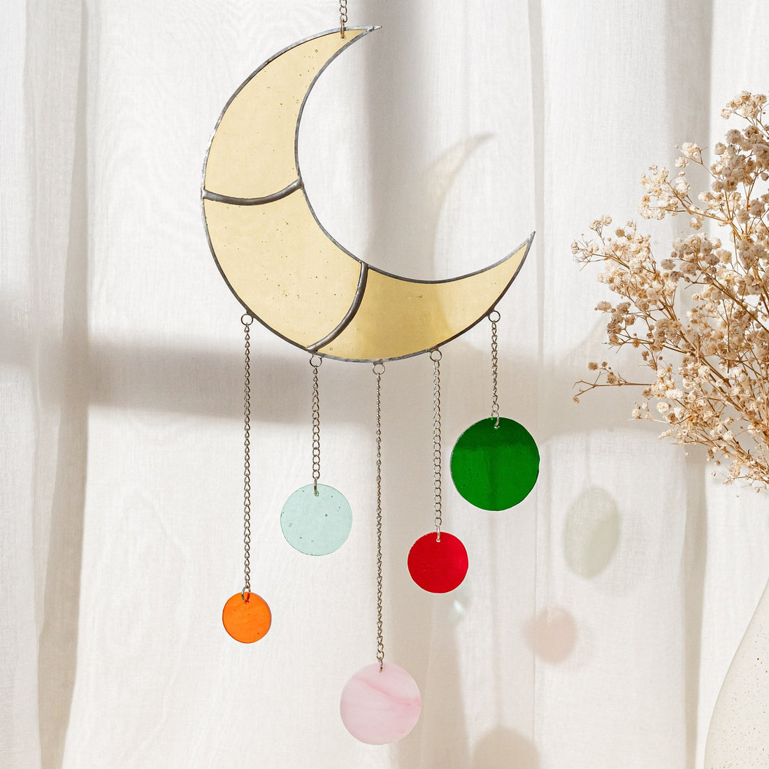 Stained Glass Moon Wind Chime, Whimsical wall ornament and art F55