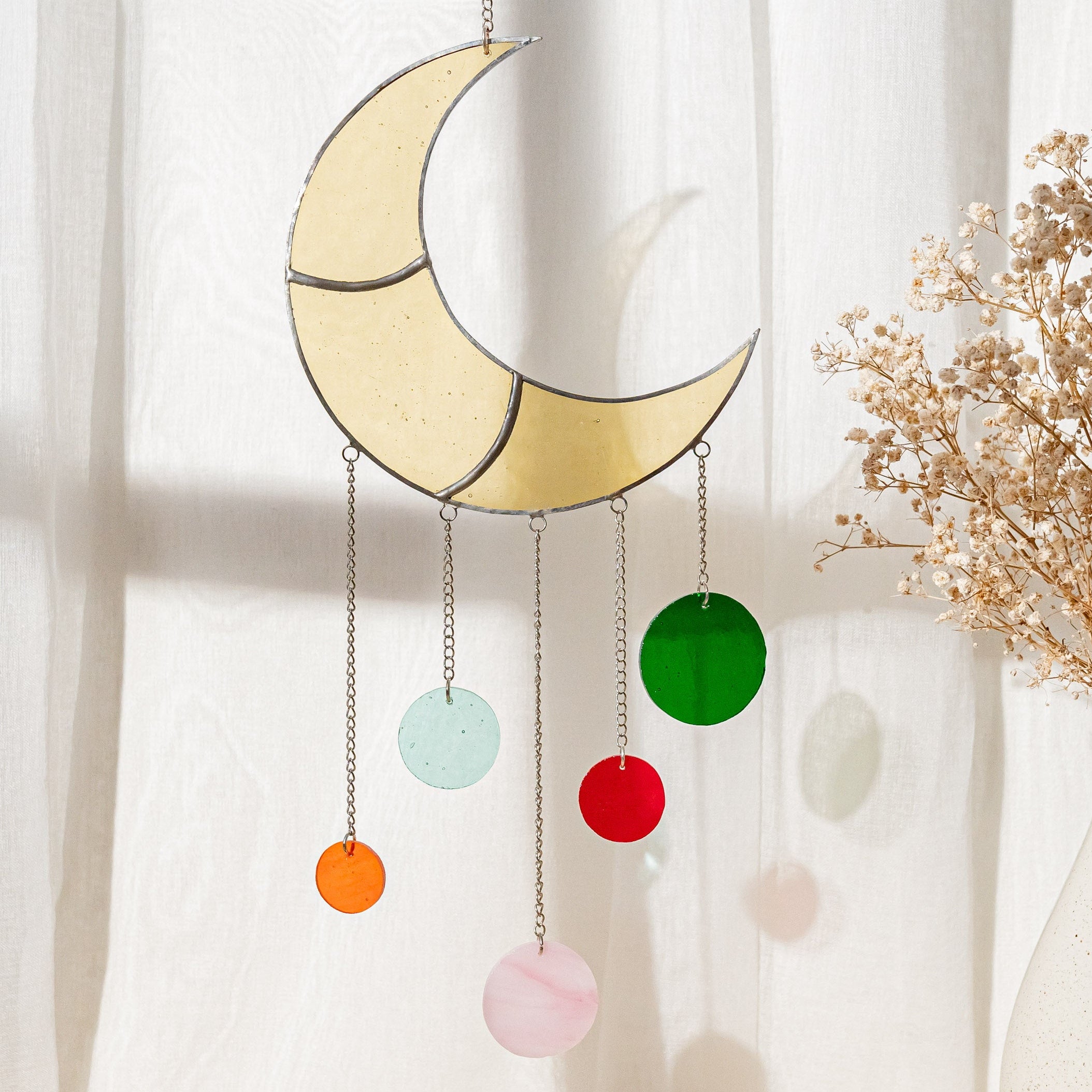 Stained Glass Moon Wind Chime, Boho wall decor and art F55