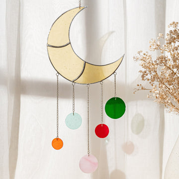 Stained Glass Moon Wind Chime, Boho wall decor and art F55