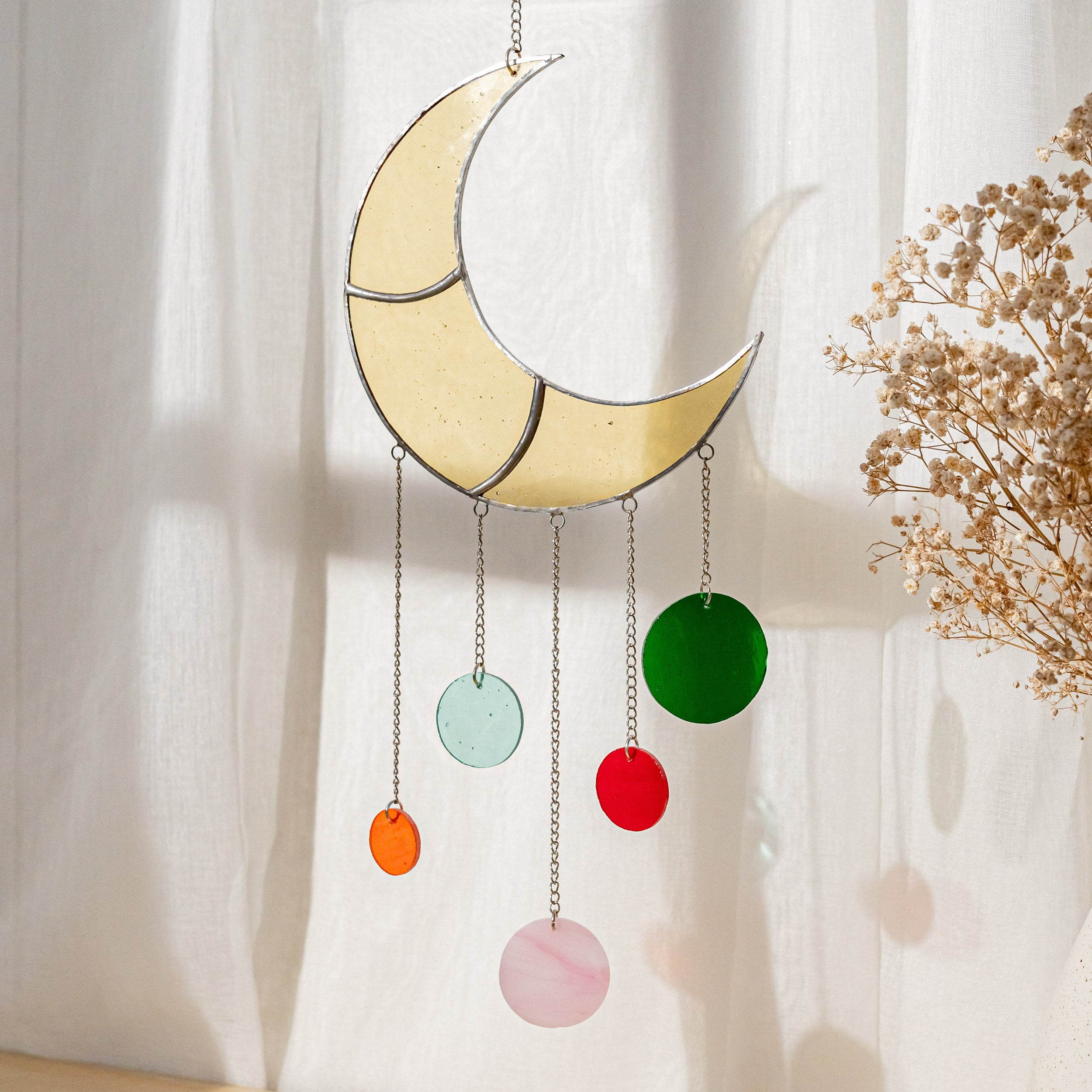 Stained Glass Moon Wind Chime, Boho wall decor and art F55
