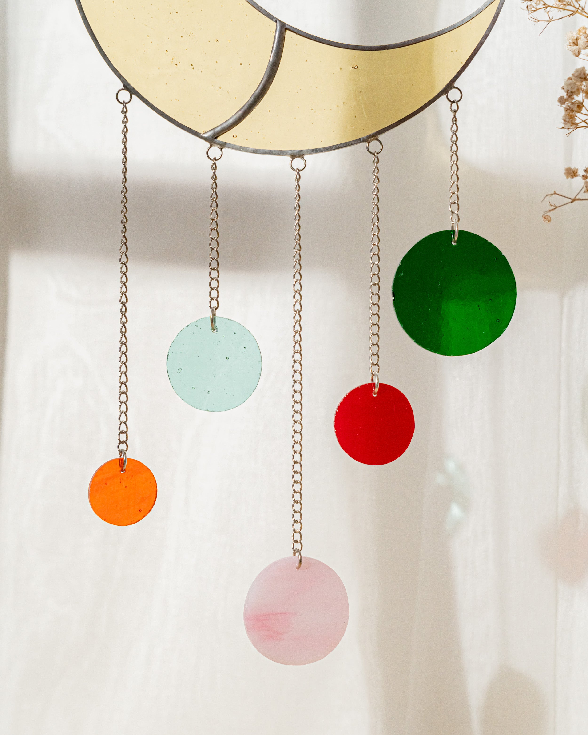 Stained Glass Moon Wind Chime, Boho wall decor and art F55