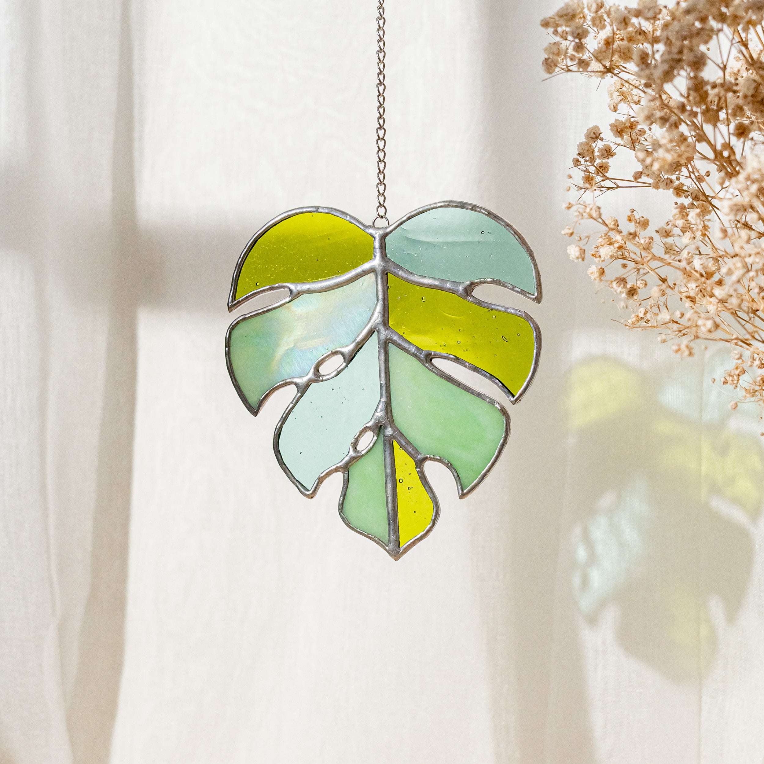 Tropical Monstera Leaf Stained Glass Wall Art for Coastal Homes