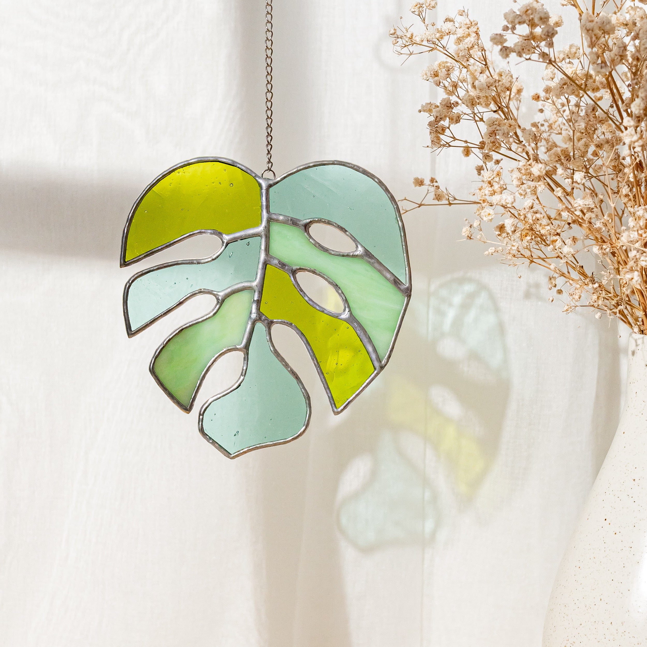 Tropical Monstera Leaf Stained Glass Art for Boho and Coastal Spaces