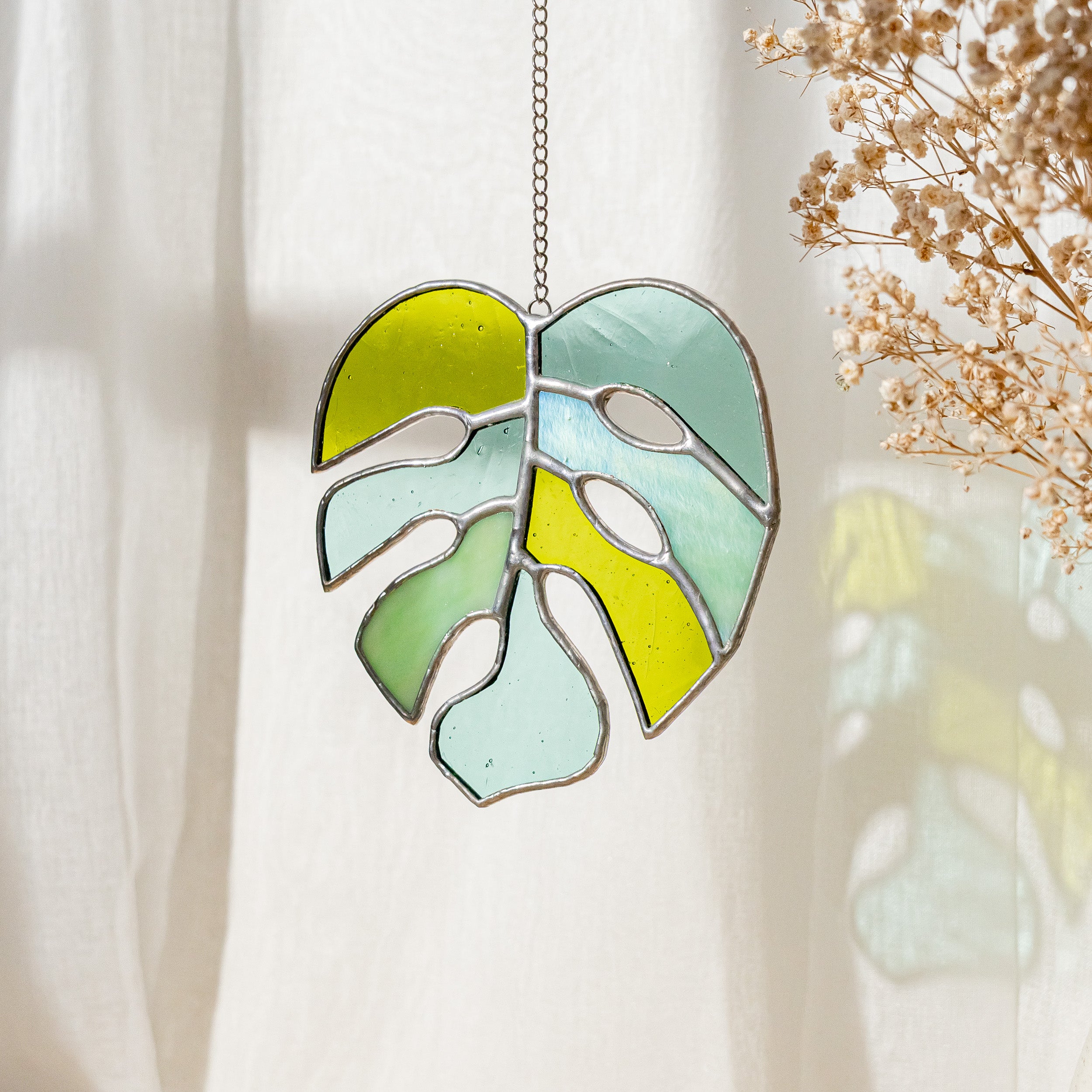 Tropical Monstera Leaf Stained Glass Art for Boho and Coastal Spaces