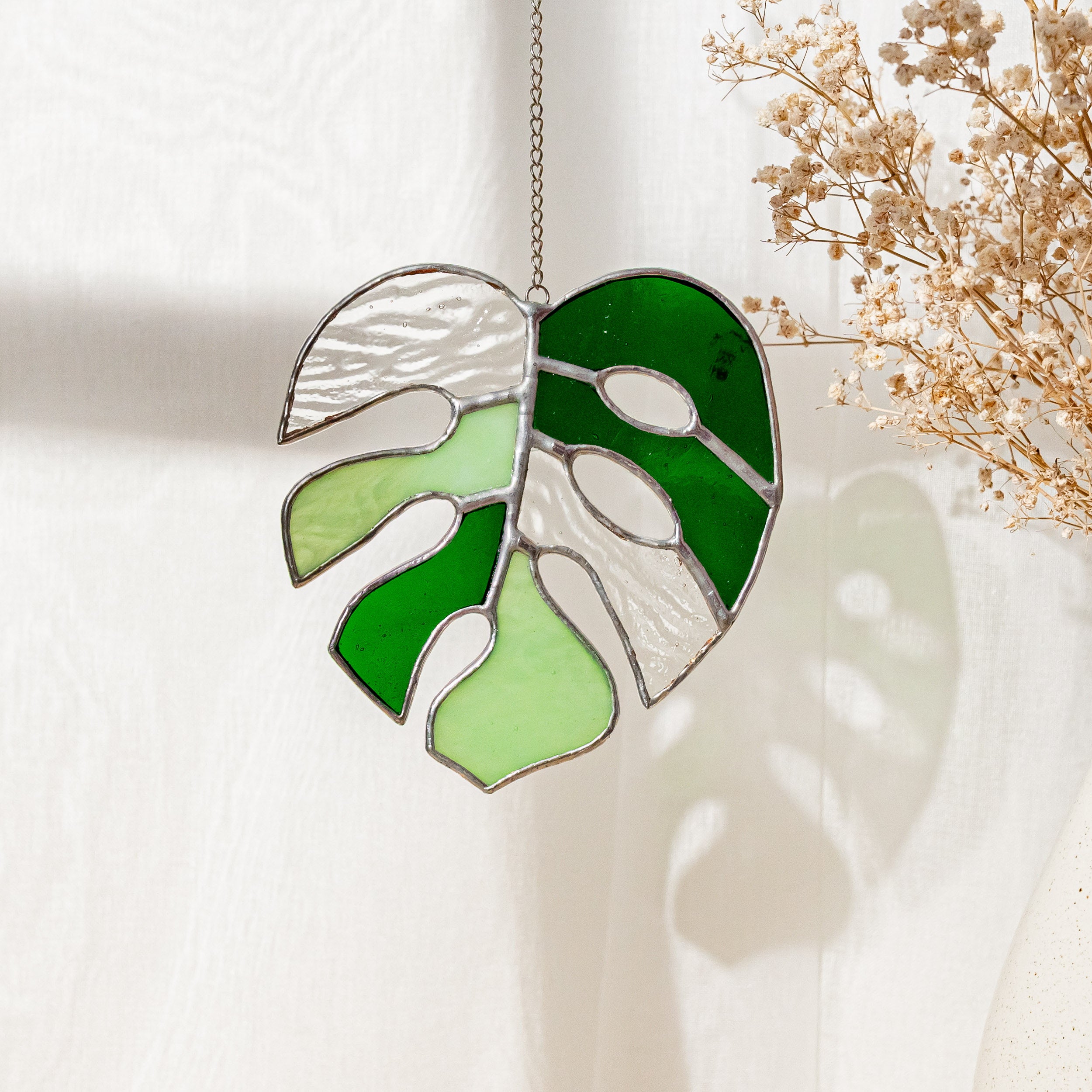 Tropical Monstera Leaf Stained Glass Art for Boho and Coastal Spaces