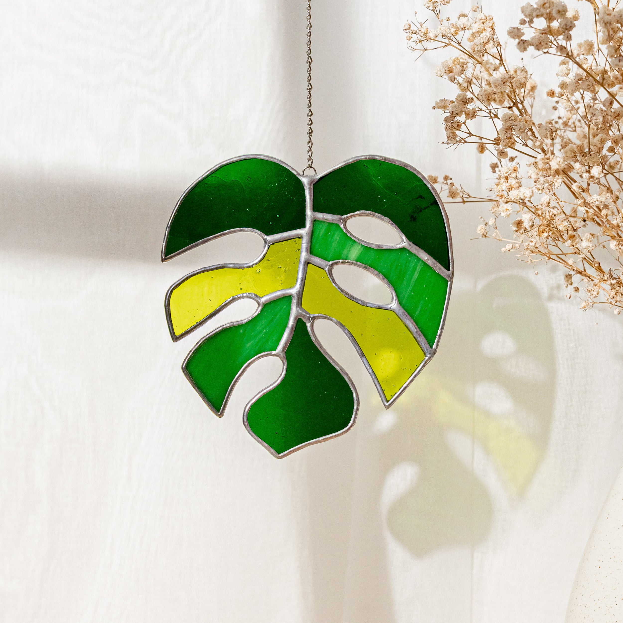 Tropical Monstera Leaf Stained Glass Art for Boho and Coastal Spaces