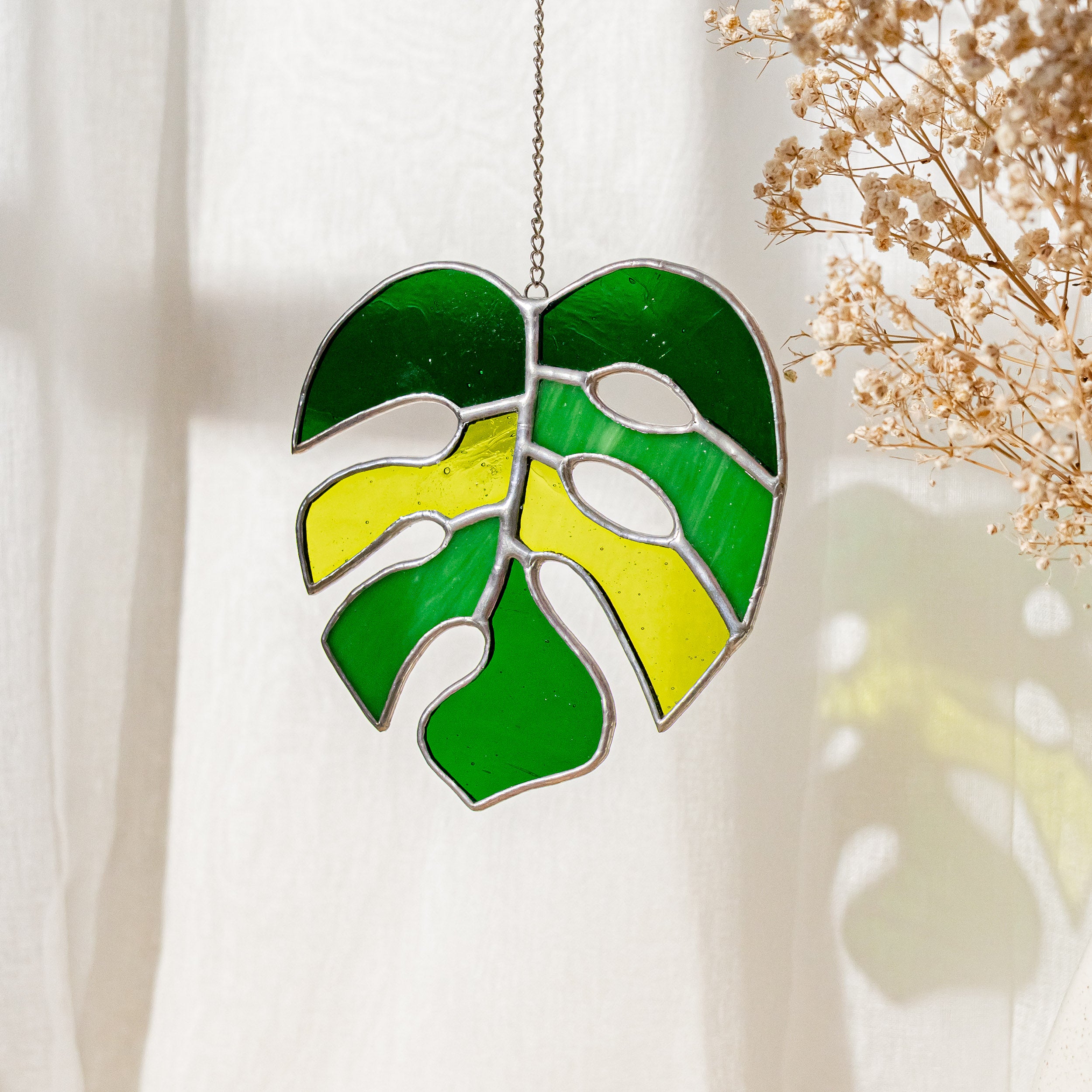 Tropical Monstera Leaf Stained Glass Art for Boho and Coastal Spaces