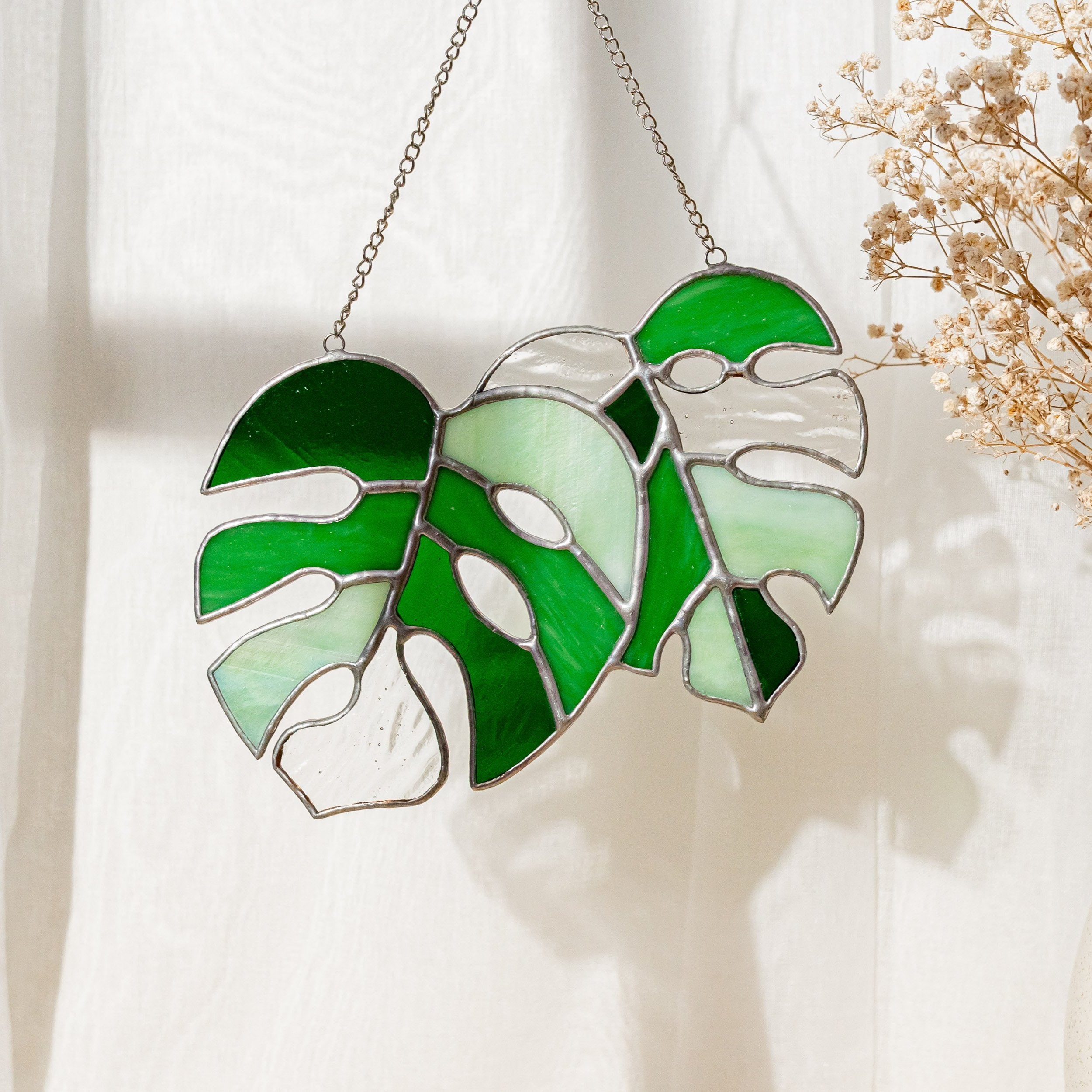 Duo of Monstera Leaf Stained Glass for Bright and Tropical Home Accents