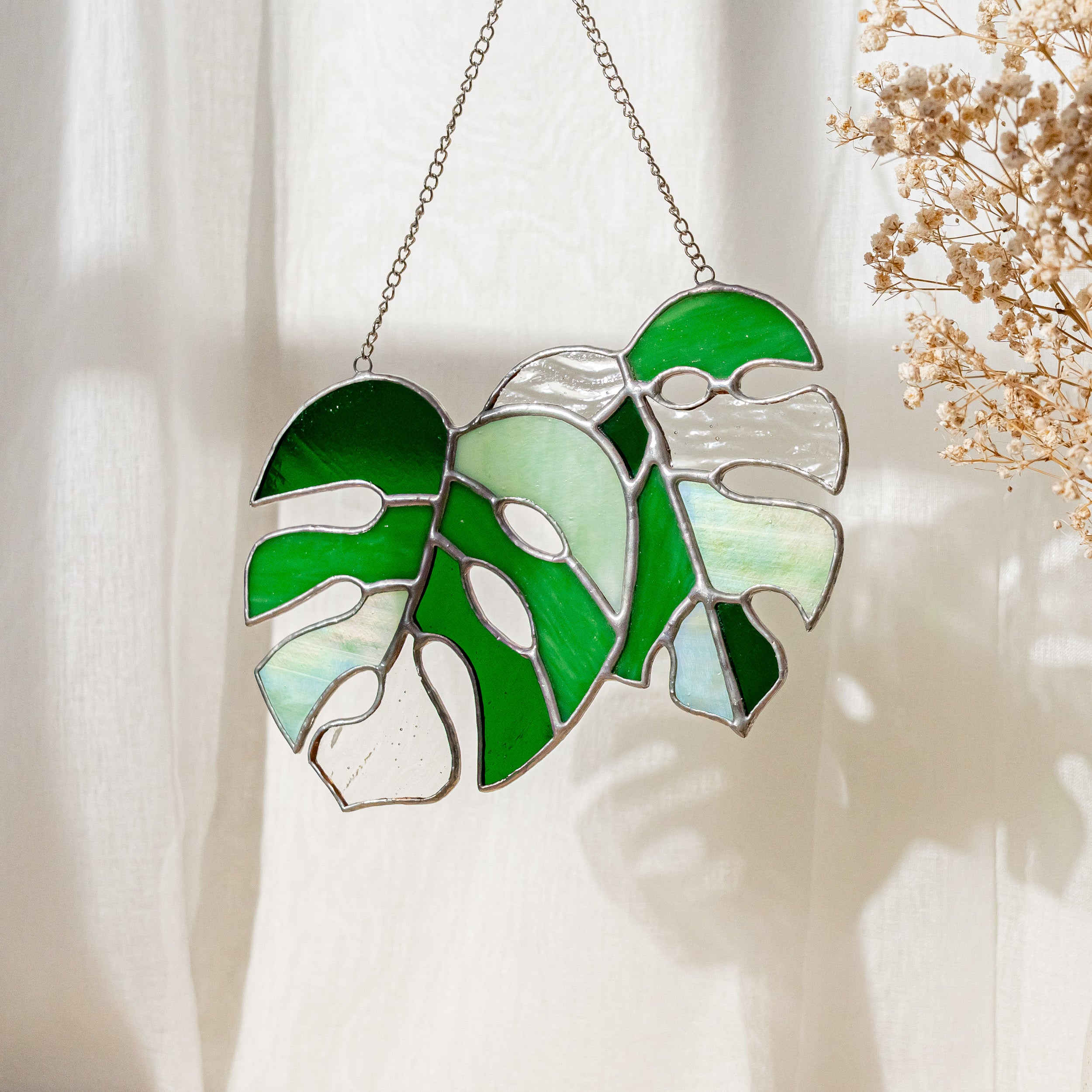 Pair of Monstera Leaf Stained Glass Art for Lively Home Accents