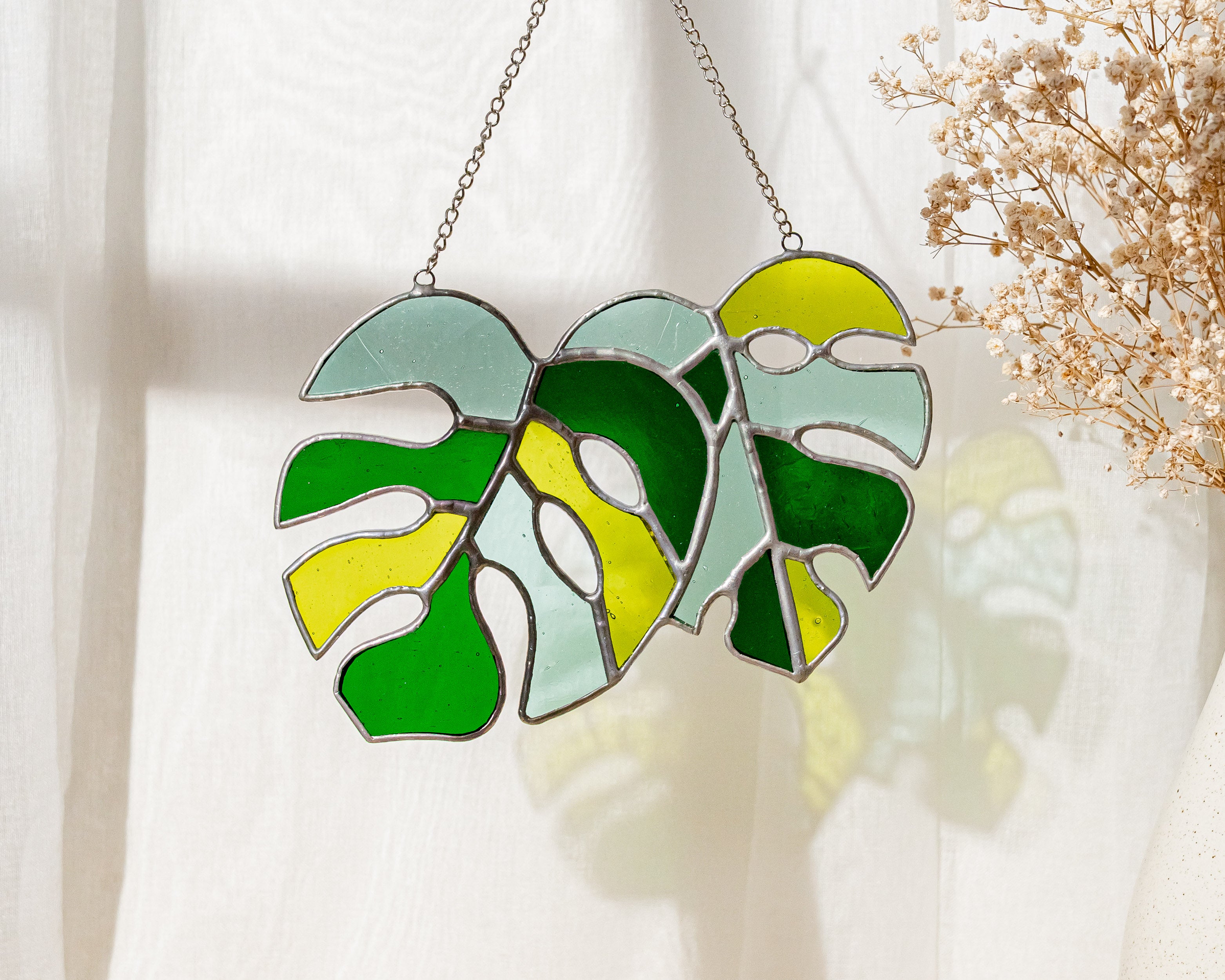 Duo of Monstera Leaf Stained Glass for Bright and Tropical Home Accents