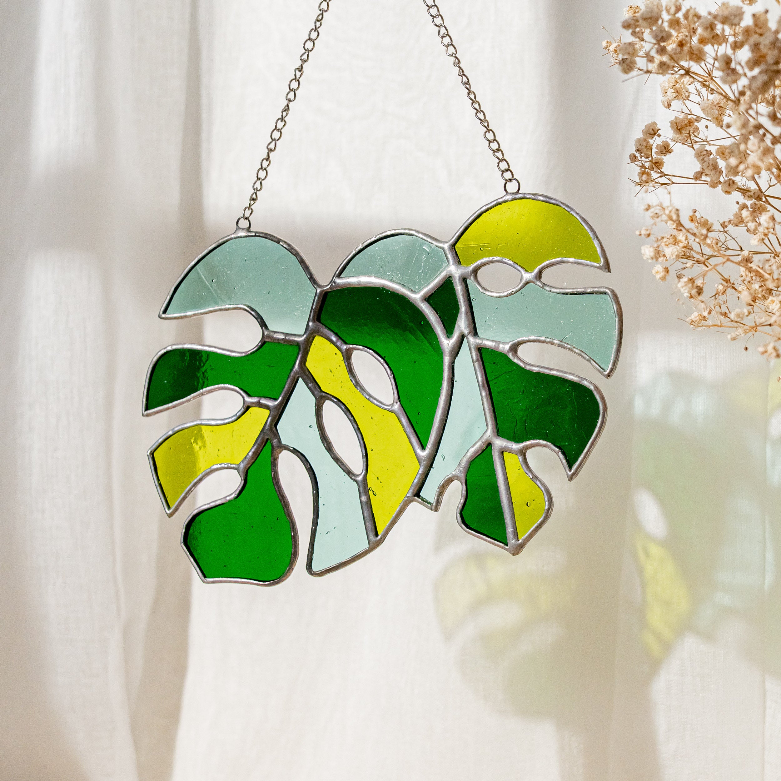 Pair of Monstera Leaf Stained Glass for Lively Home Accents