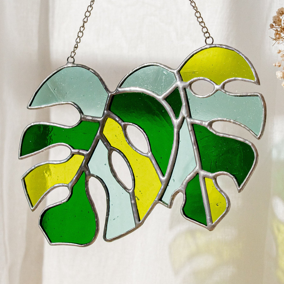 Monstera Leaves Stained Glass, Boho wall hanging and art F58