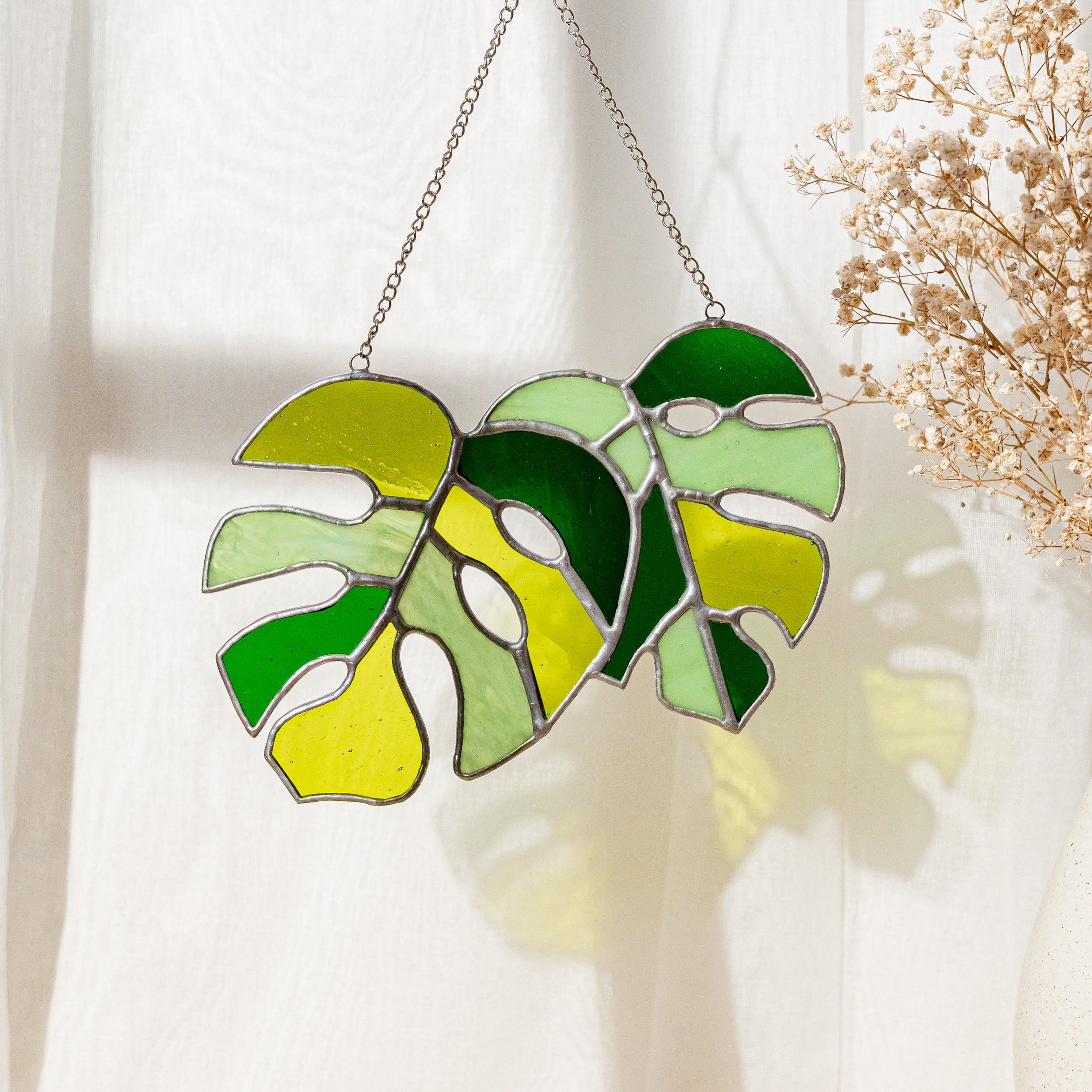 Pair of Monstera Leaf Stained Glass for Lively Home Accents