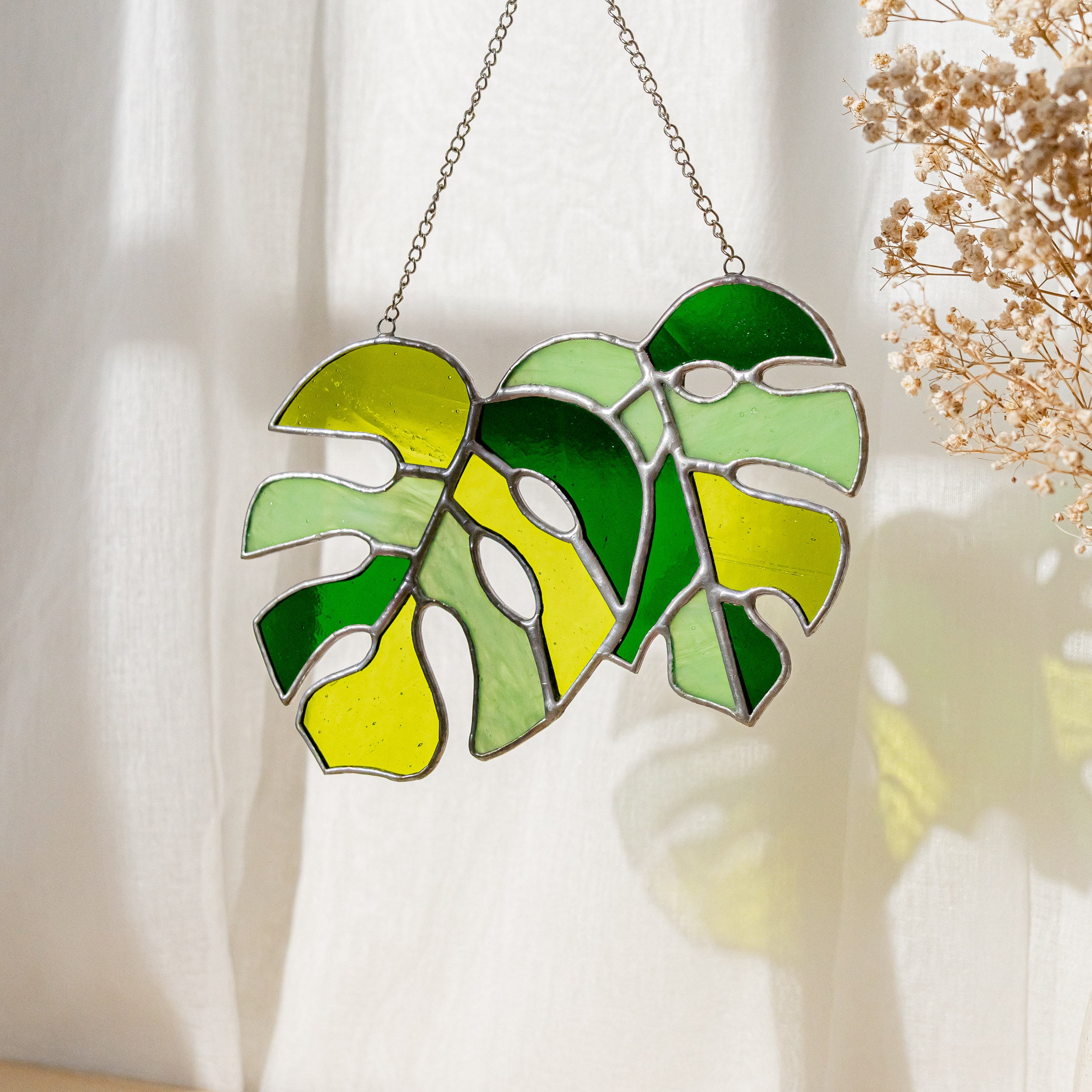 Duo of Monstera Leaf Stained Glass for Bright and Tropical Home Accents