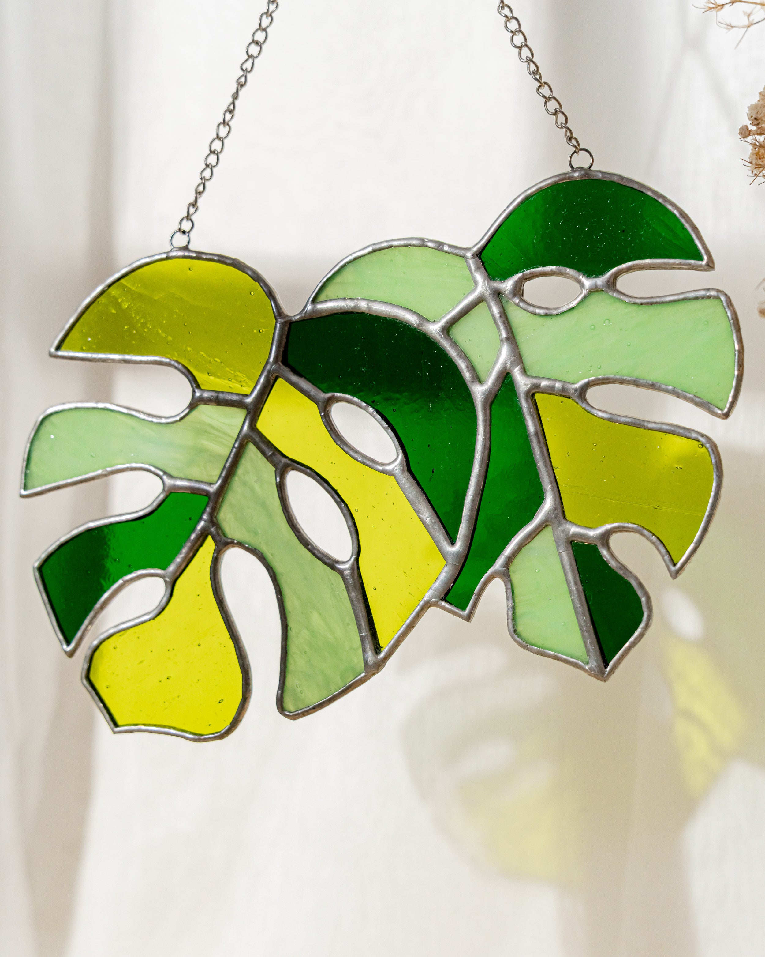 Pair of Monstera Leaf Stained Glass Art for Lively Home Accents