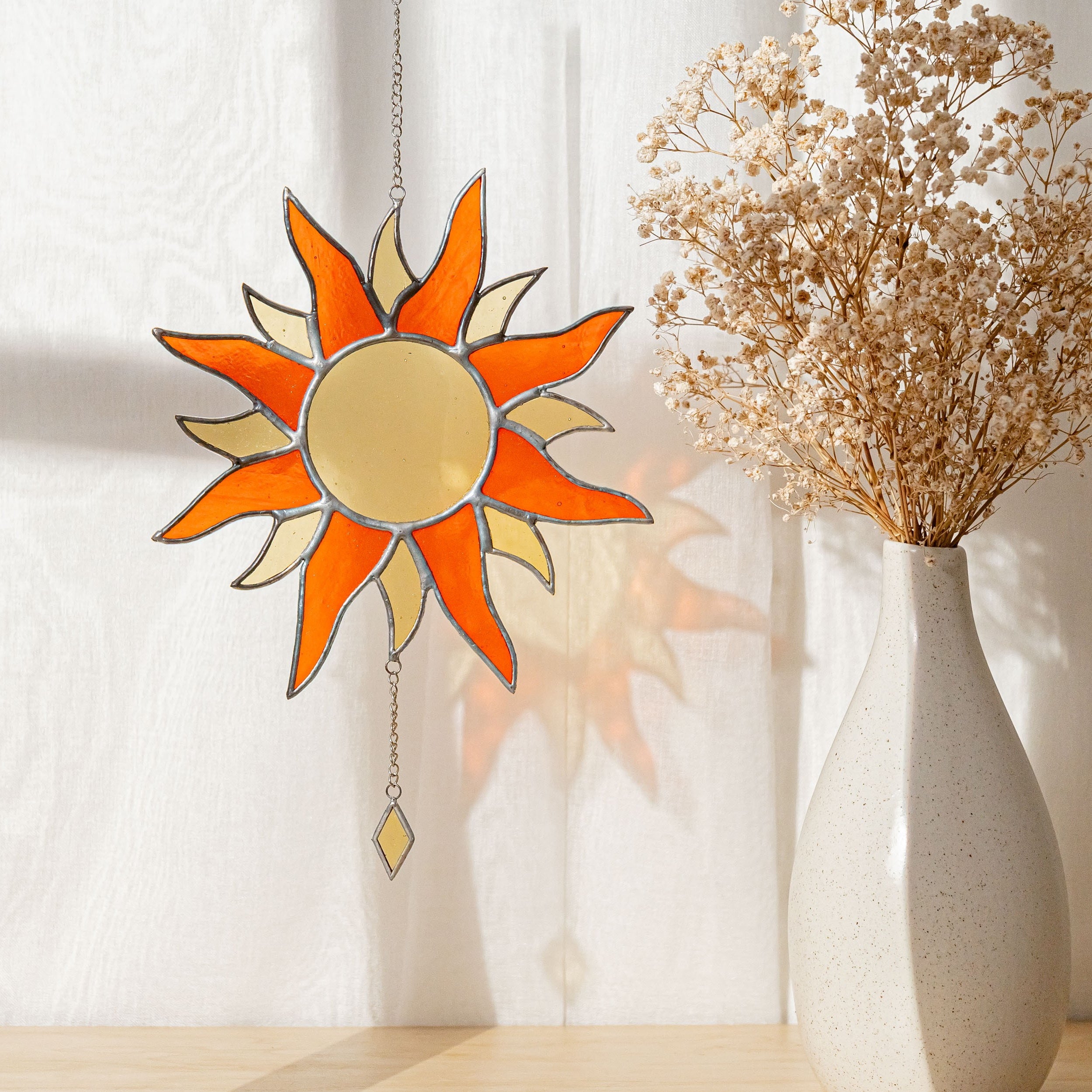 Radiant Sun Stained Glass Wall Art for Boho and Mid Century Modern Spaces