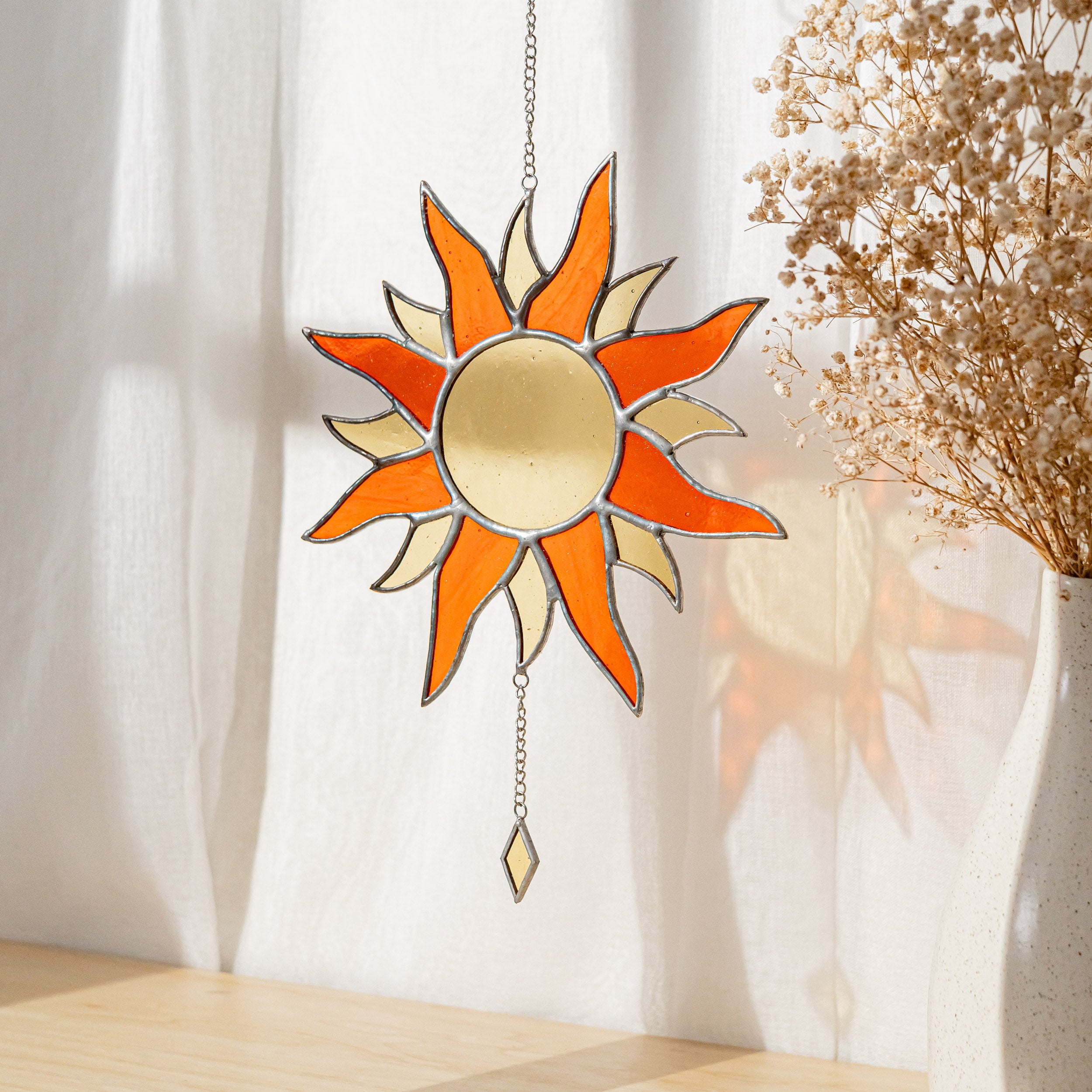 Radiant Sun Stained Glass Wall Art for Boho and Mid Century Modern Spaces