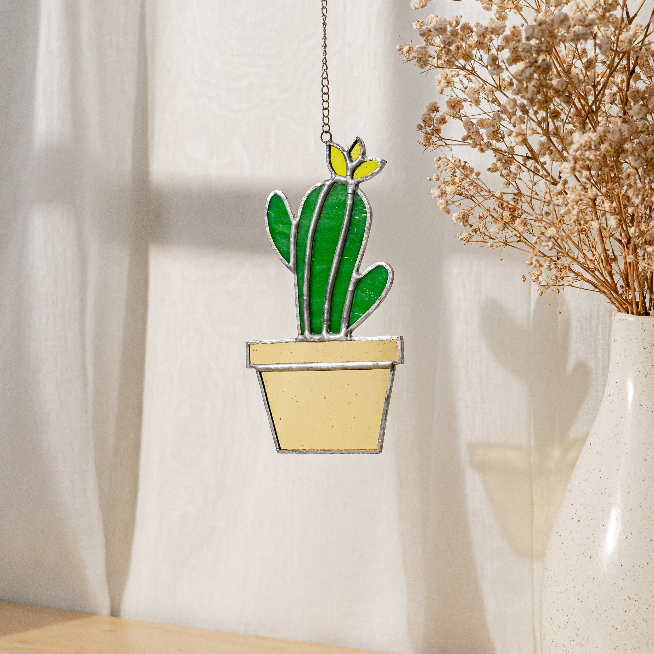 Boho Chic Stained Glass Cactus for Wall and Window Accents