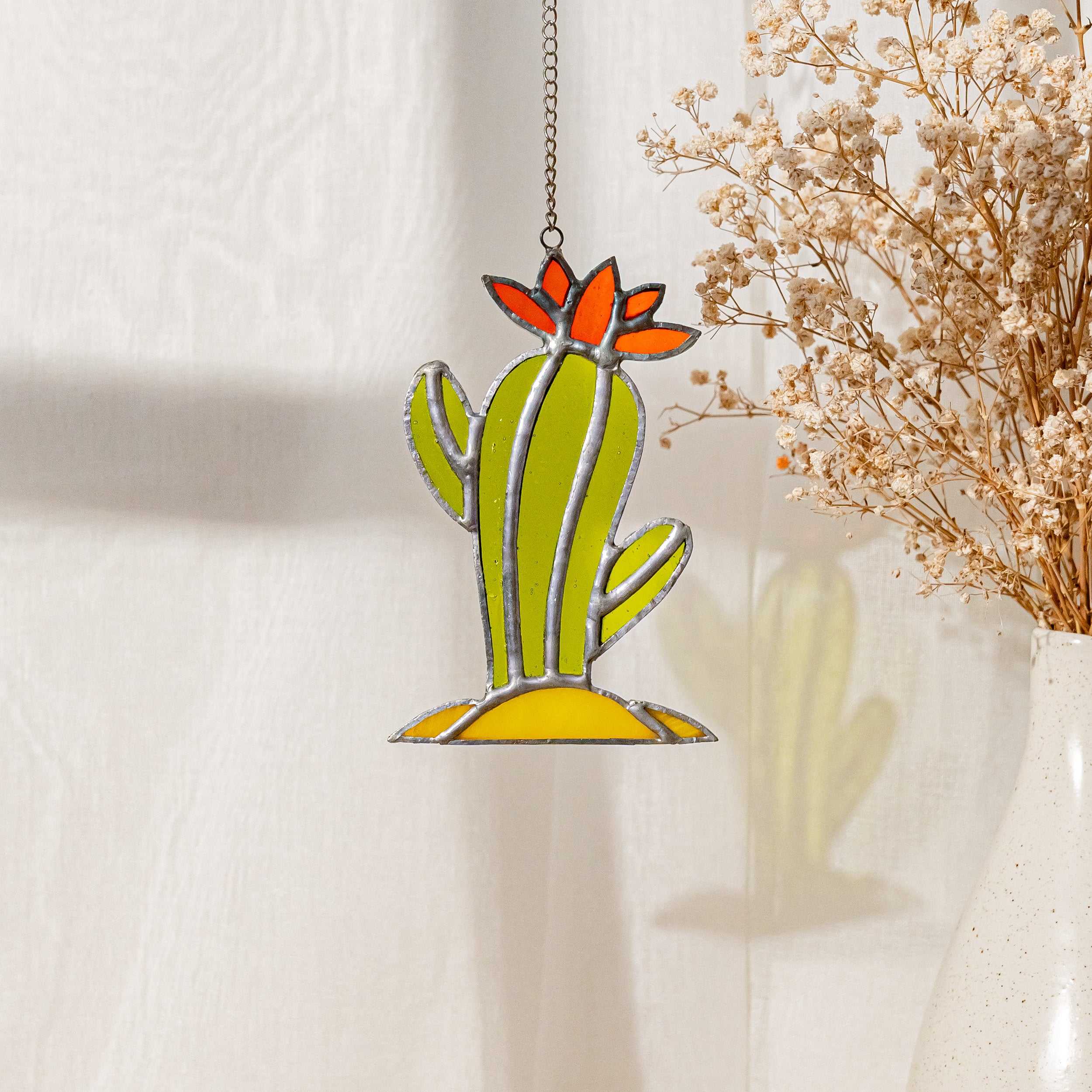 Boho Chic Stained Glass Cactus for Wall and Window Accents